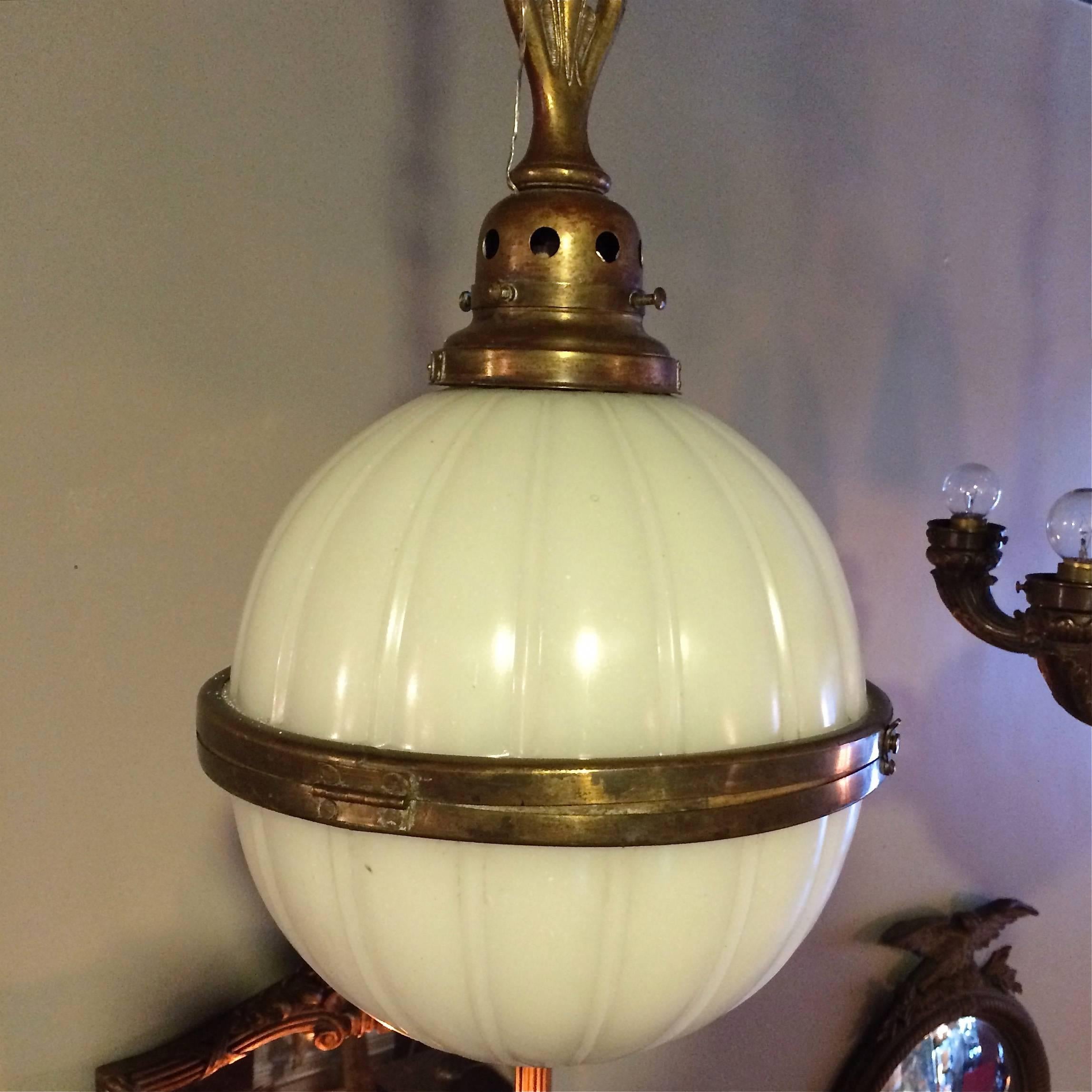 American Industrial Ribbed Milk Glass and Brass Library Globe Pendant Light