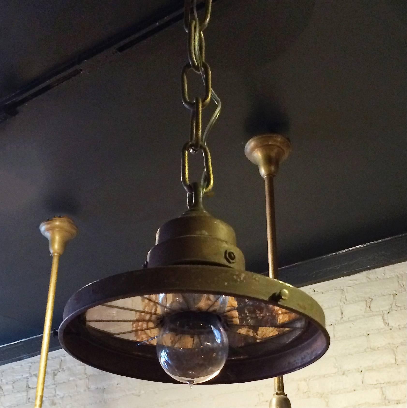 American Industrial Brass Faceted Mirror Pendant Lights