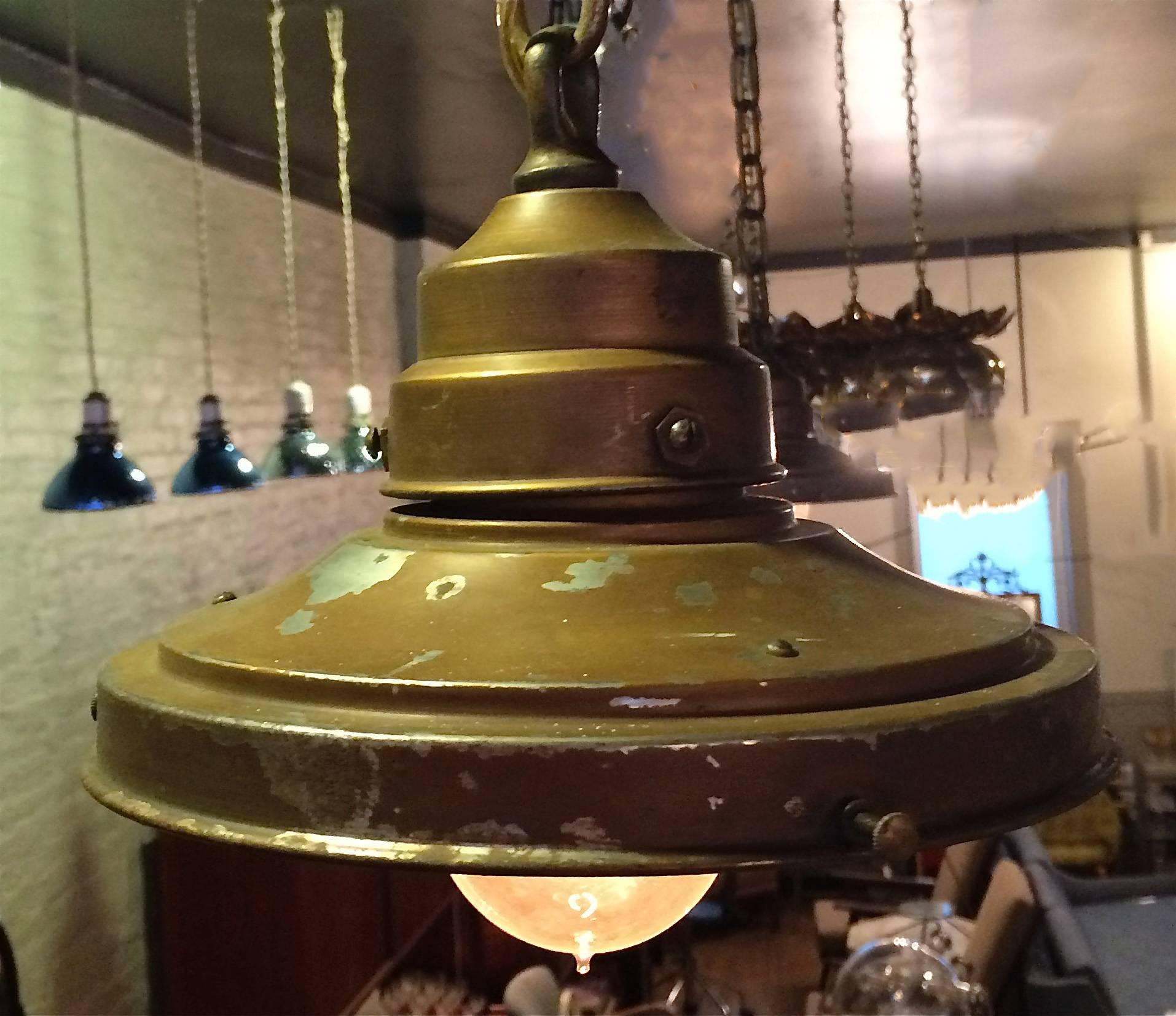 Early 20th Century Industrial Brass Faceted Mirror Pendant Lights