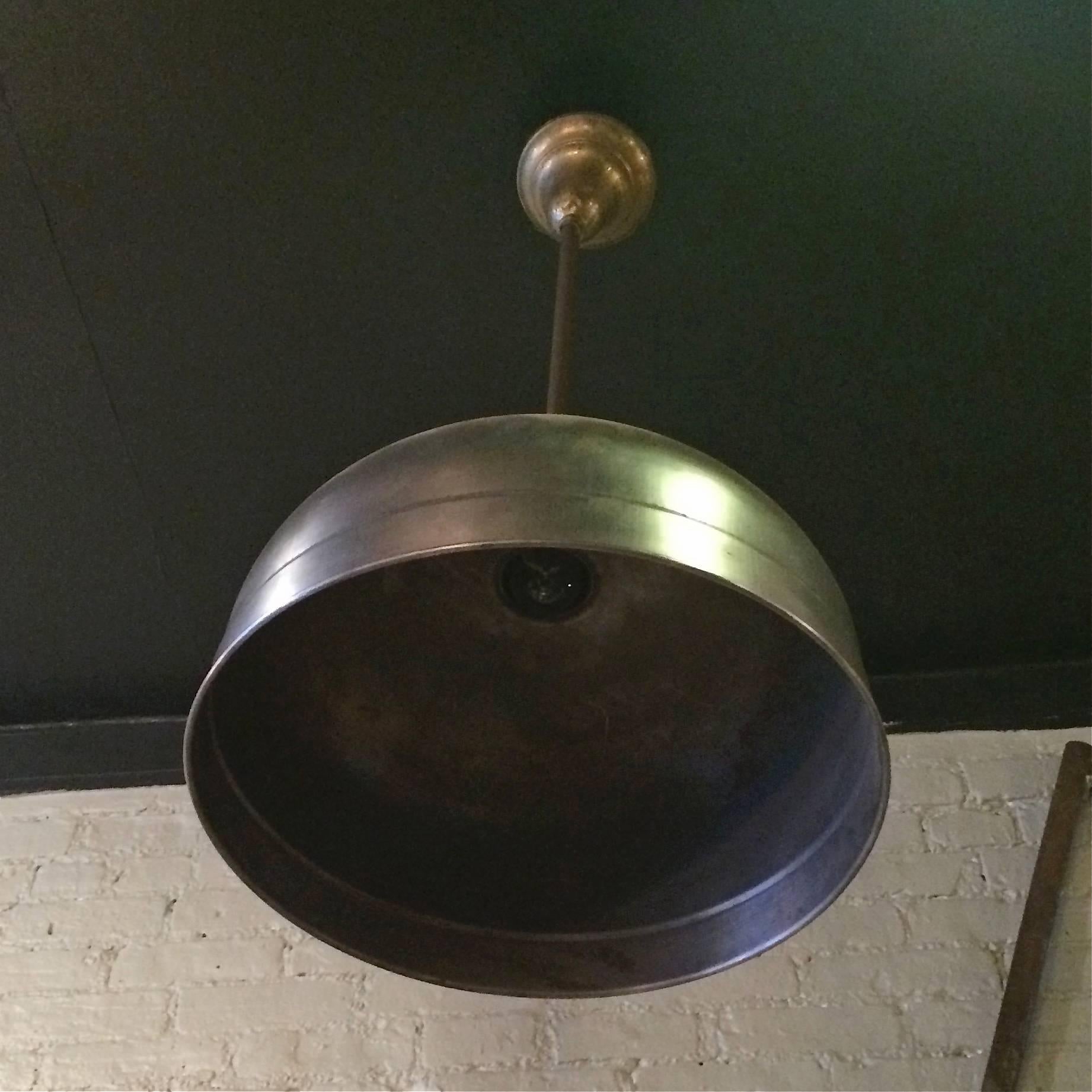 Industrial Brushed Steel Dome Billiard Pendant Light By Brunswick Co. In Good Condition For Sale In Brooklyn, NY