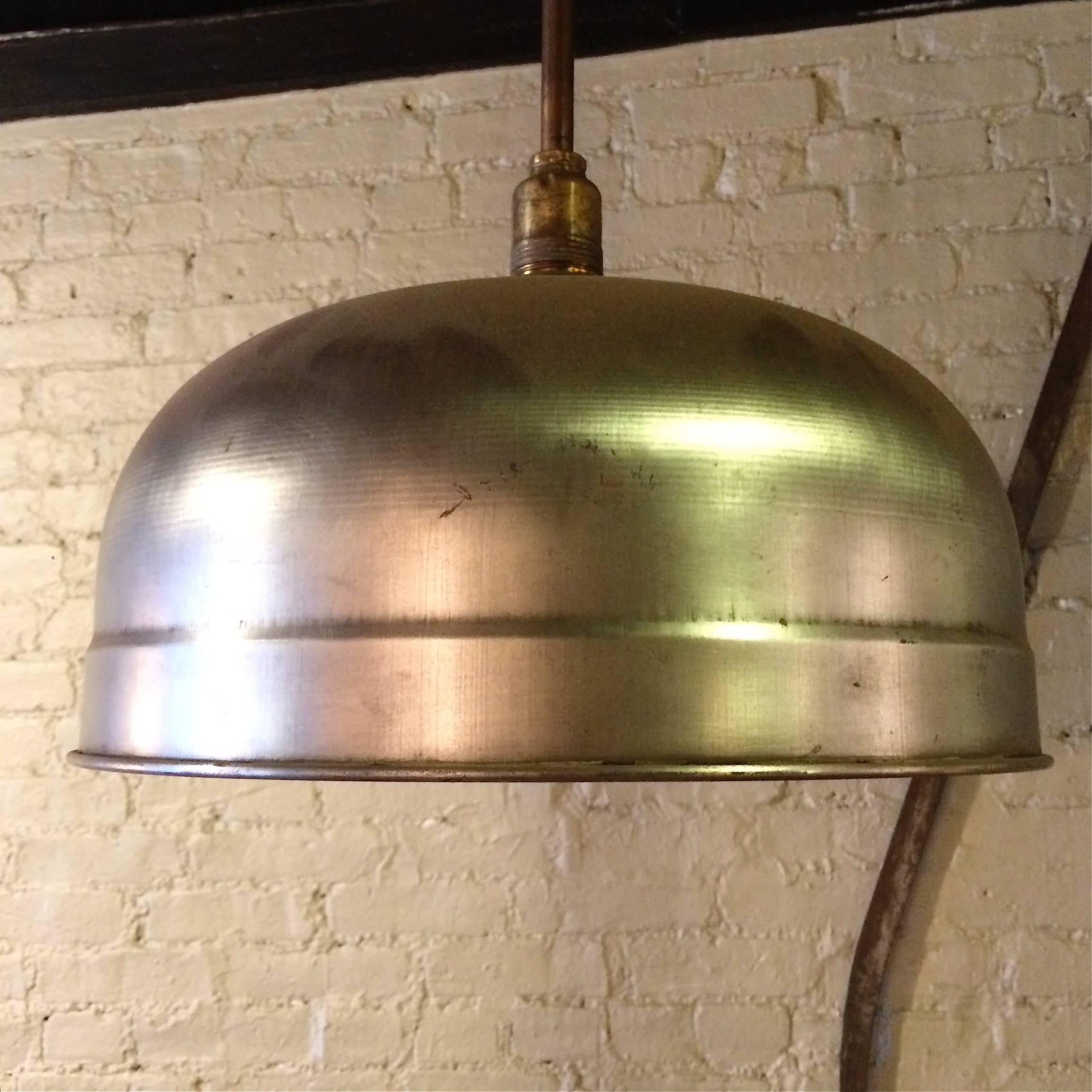 American Industrial Brushed Steel Dome Billiard Pendant Light By Brunswick Co. For Sale
