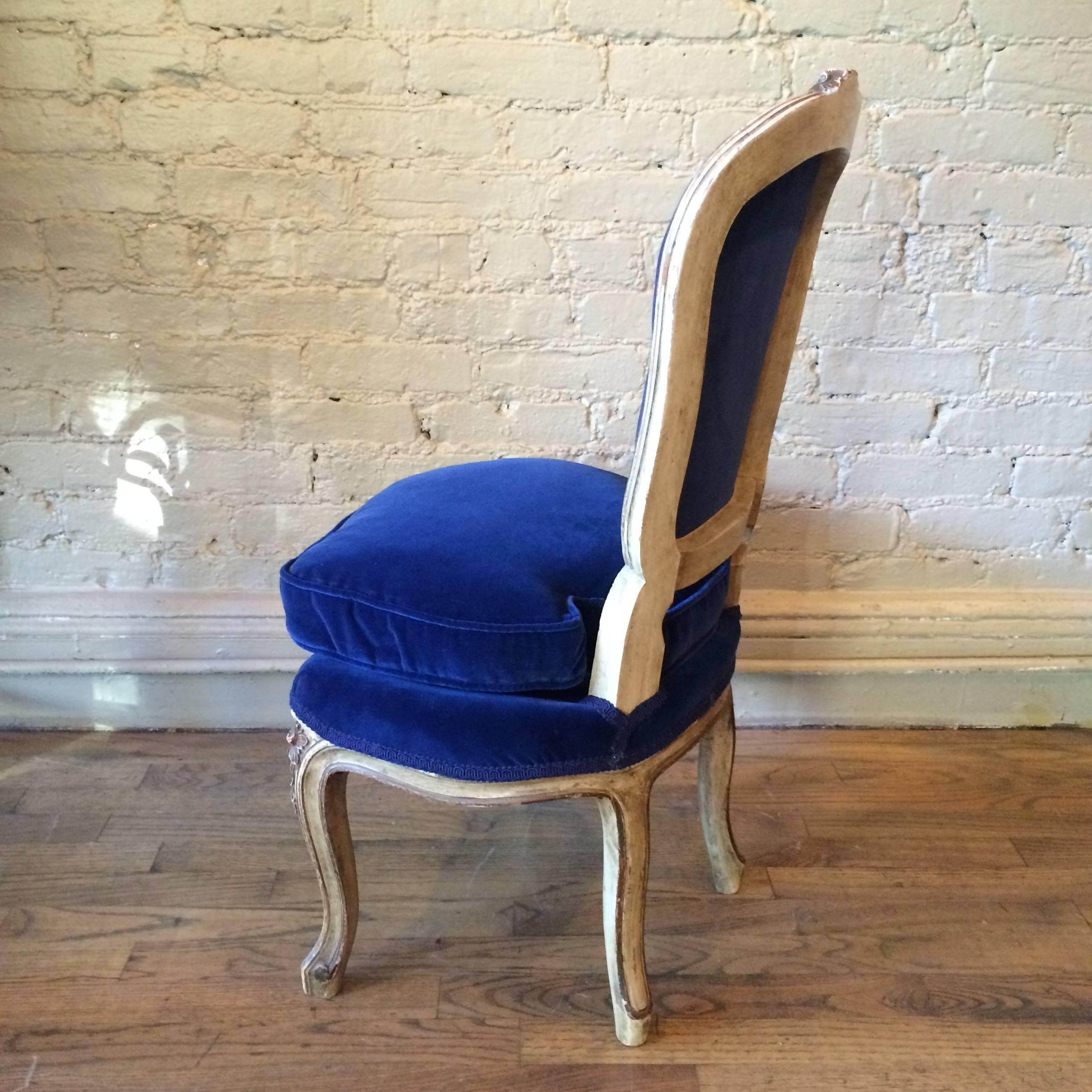 Velvet Louis XVI Style Petite Carved Gilded Mahogany Vanity Chair