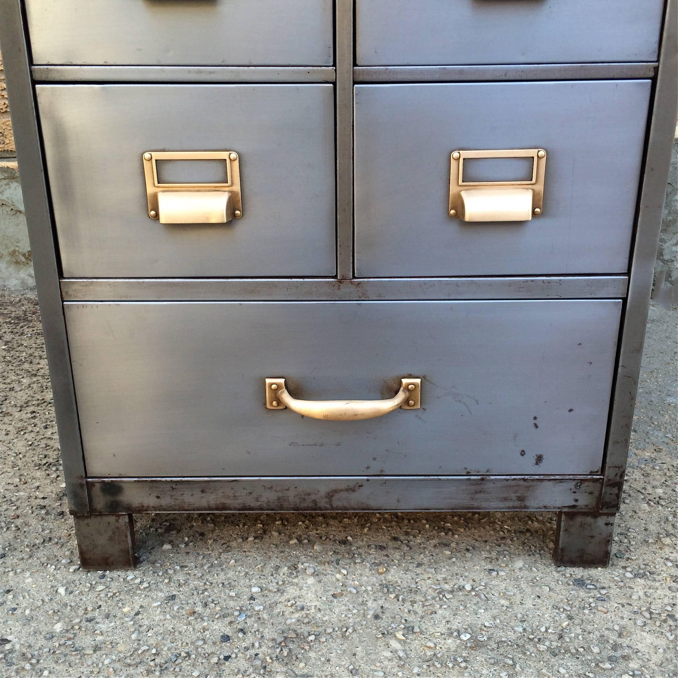 Brass Brushed Steel Mid-Century Office Index File Cabinet