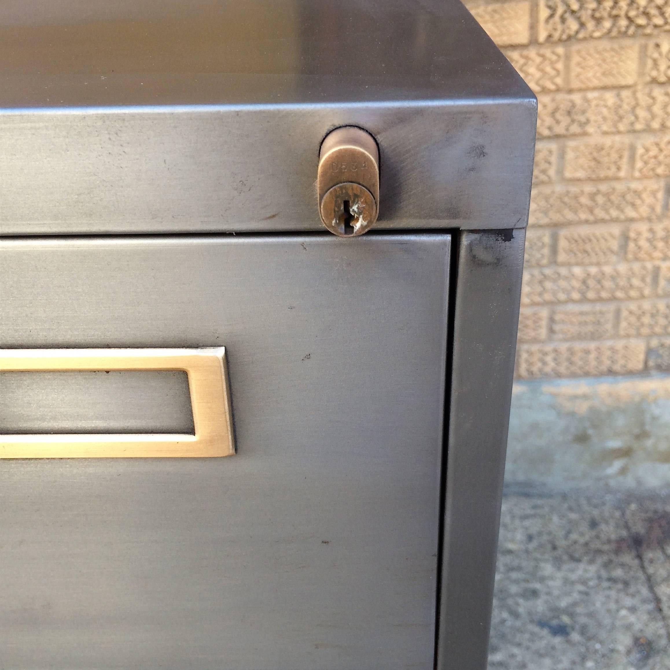 Mid-Century Brushed Steel Office Filing Cabinet In Excellent Condition In Brooklyn, NY