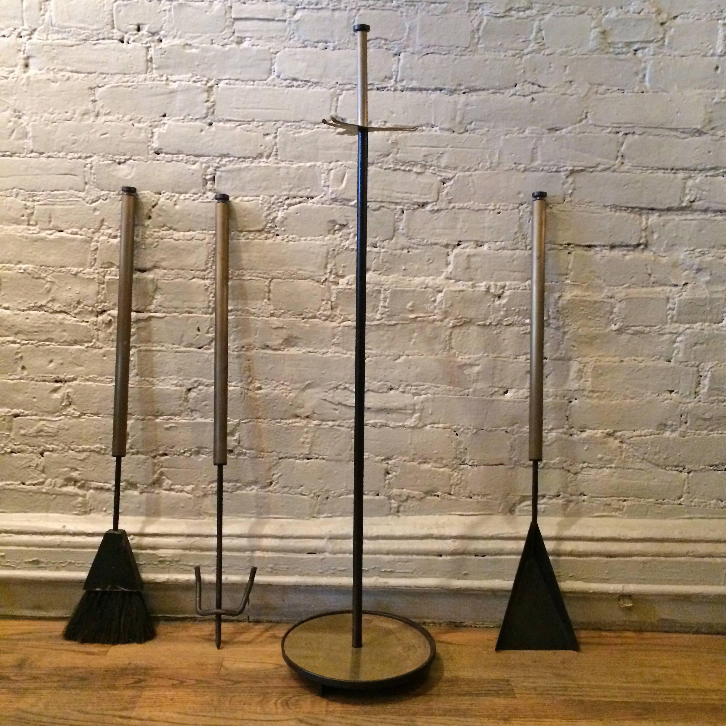 American Mid-Century Modern Iron and Brass Fireplace Tools