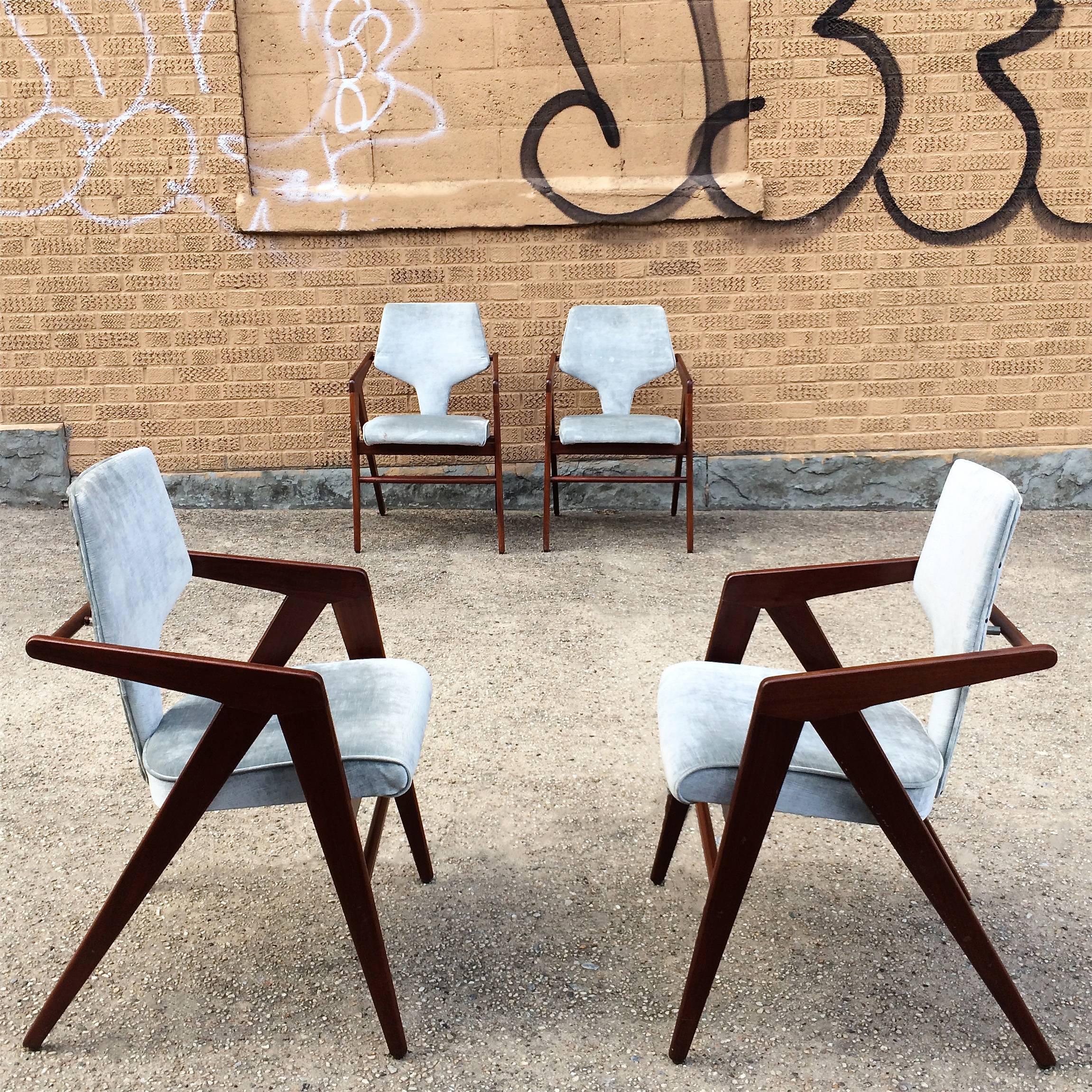 Set of four, rare teak compass chairs by Dutch born sculptor and draftsman Cornelis Zitman for Tecoteca, Furniture designed for the Hotel Humboldt, Caracas Venezuela 1955. These stunning, limited edition, dining armchairs sport dramatic,
