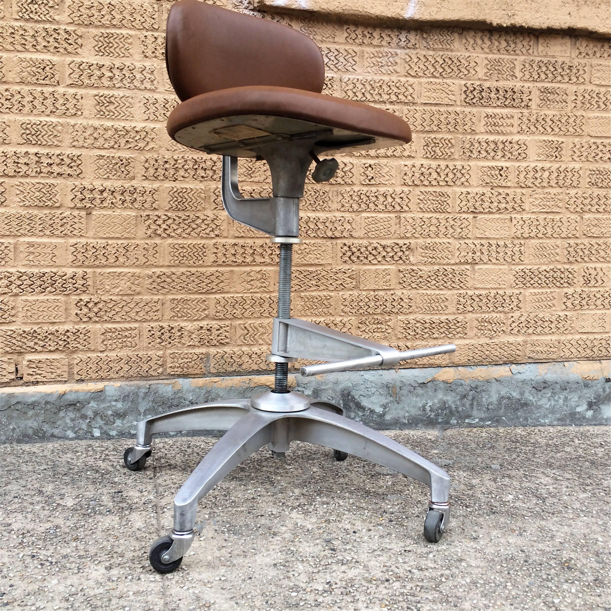 Brushed Shaw Walker Adjustable Aluminum and Leather Drafting Stool