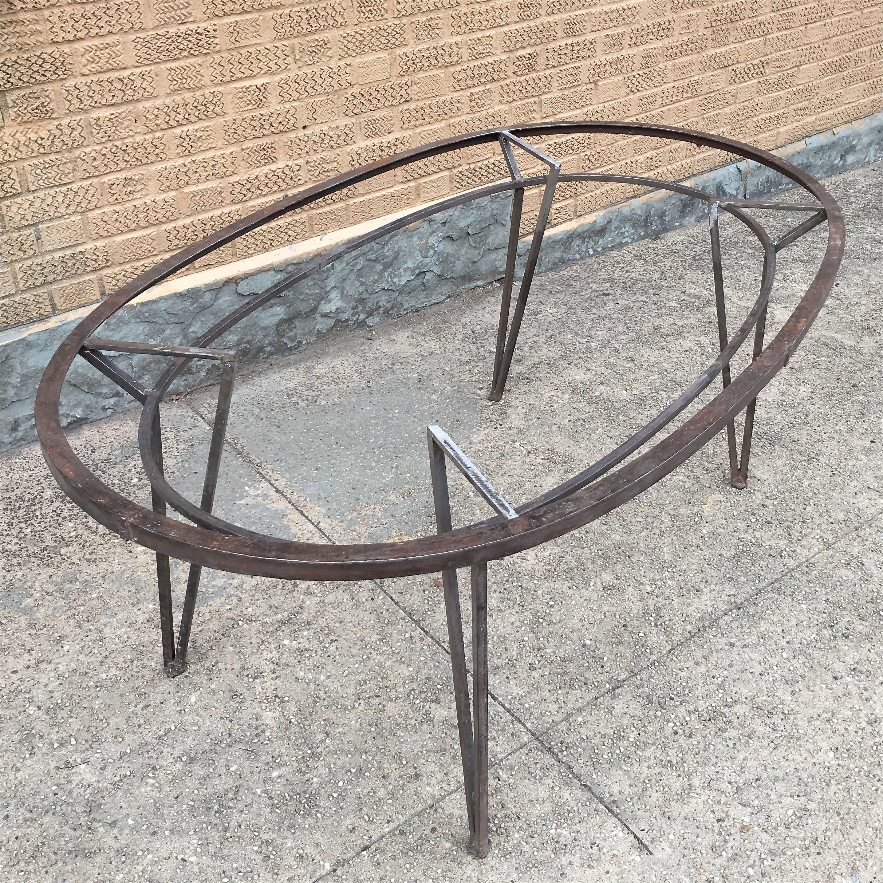 Mid-Century, architectural, brushed steel, oval, indoor/outdoor dining table with 1/2″ thick glass top (not shown.)