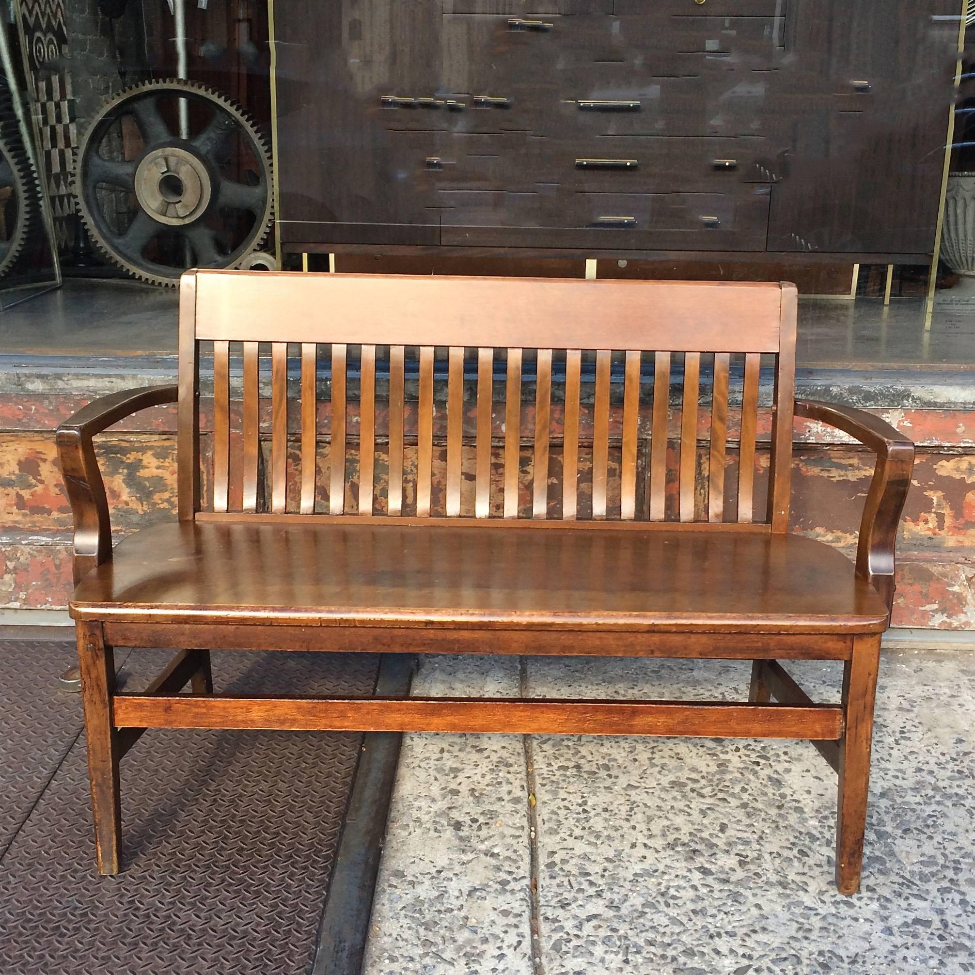 Stately and classic, 1940s, maple, courthouse bench by H & H Desk Co, Brooklyn NY