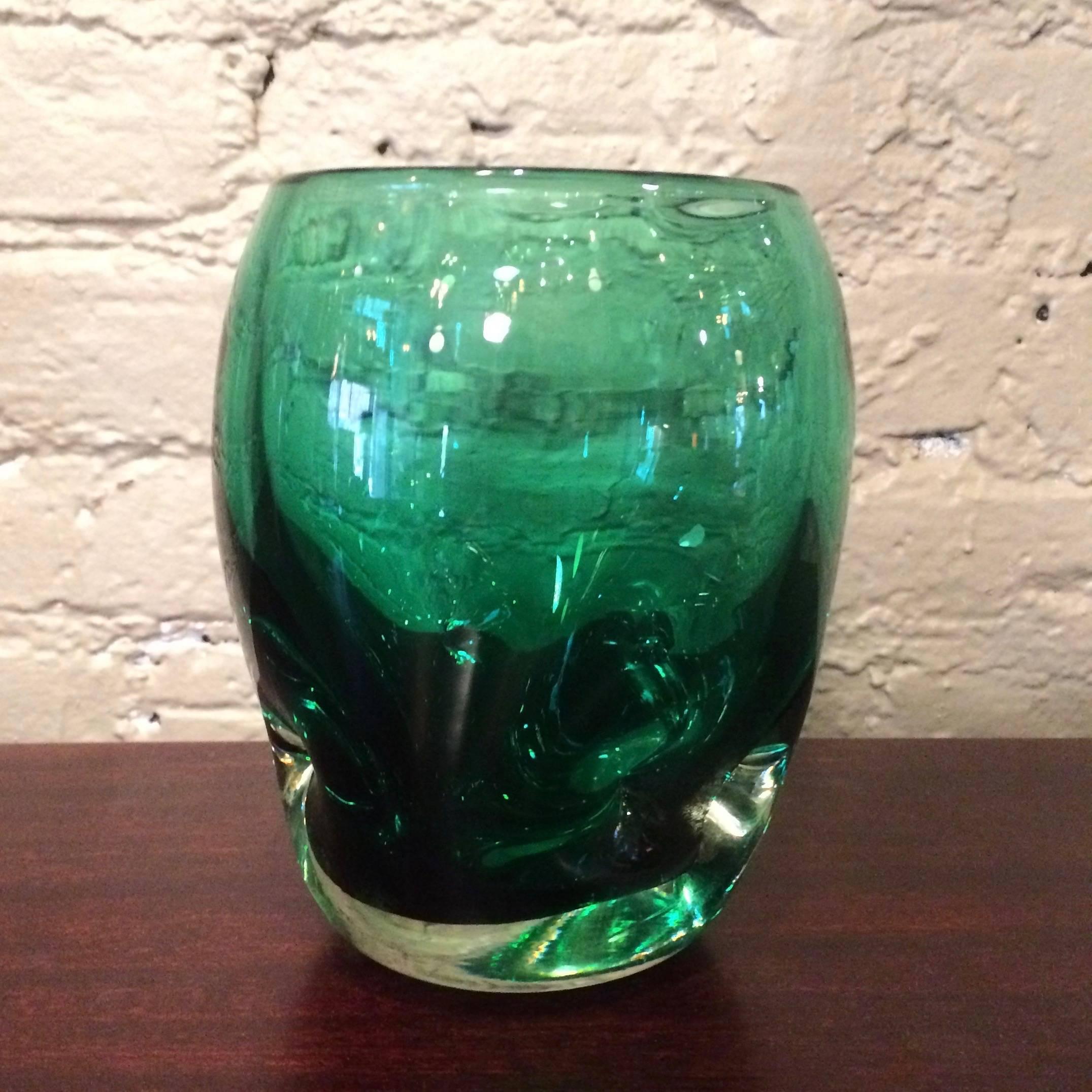 Mid-Century, small, emerald green glass, dimpled vase by Winslow Anderson for Blenko Glass.