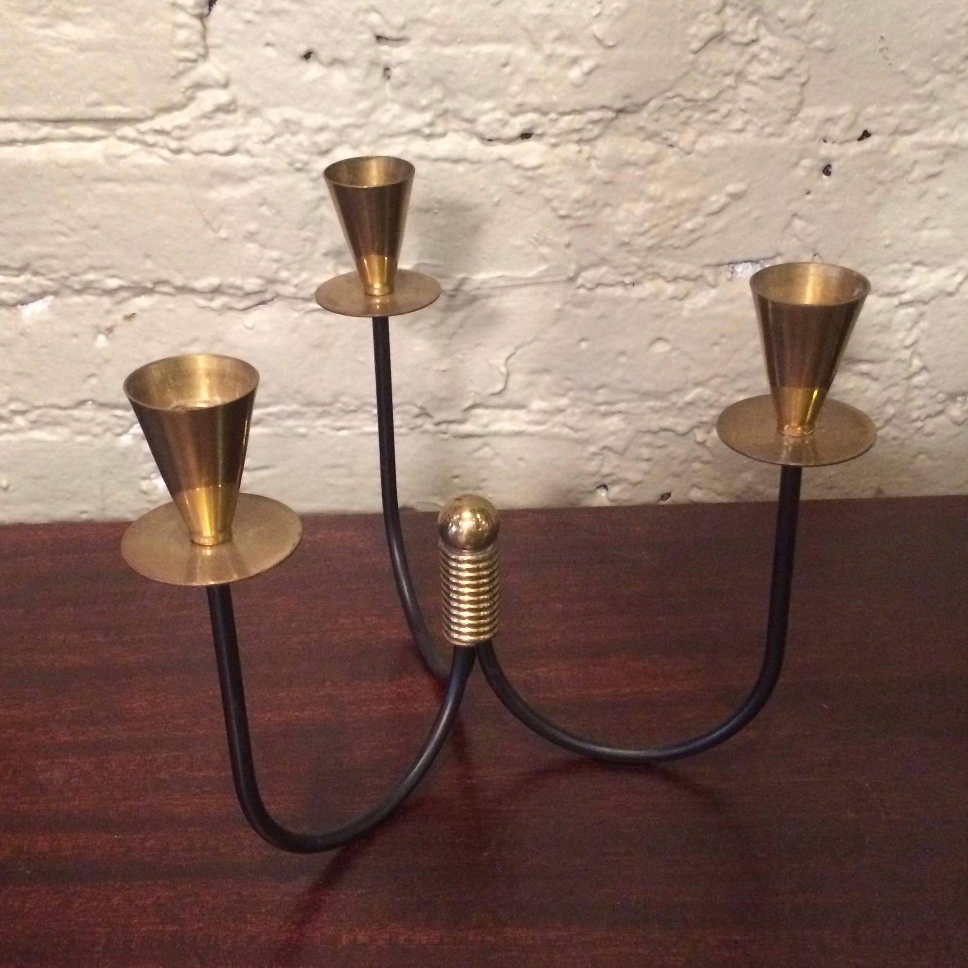 Mid-Century Modern, brass and wrought iron candleholder by Nils Johan Sweden.