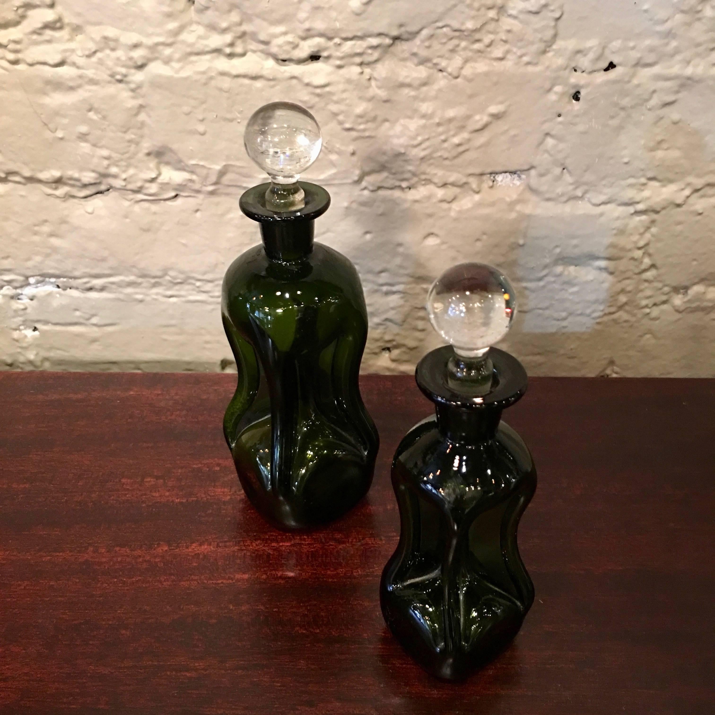 Mid-Century Modern Mid-Century Dimpled Green Glass Perfume Bottles