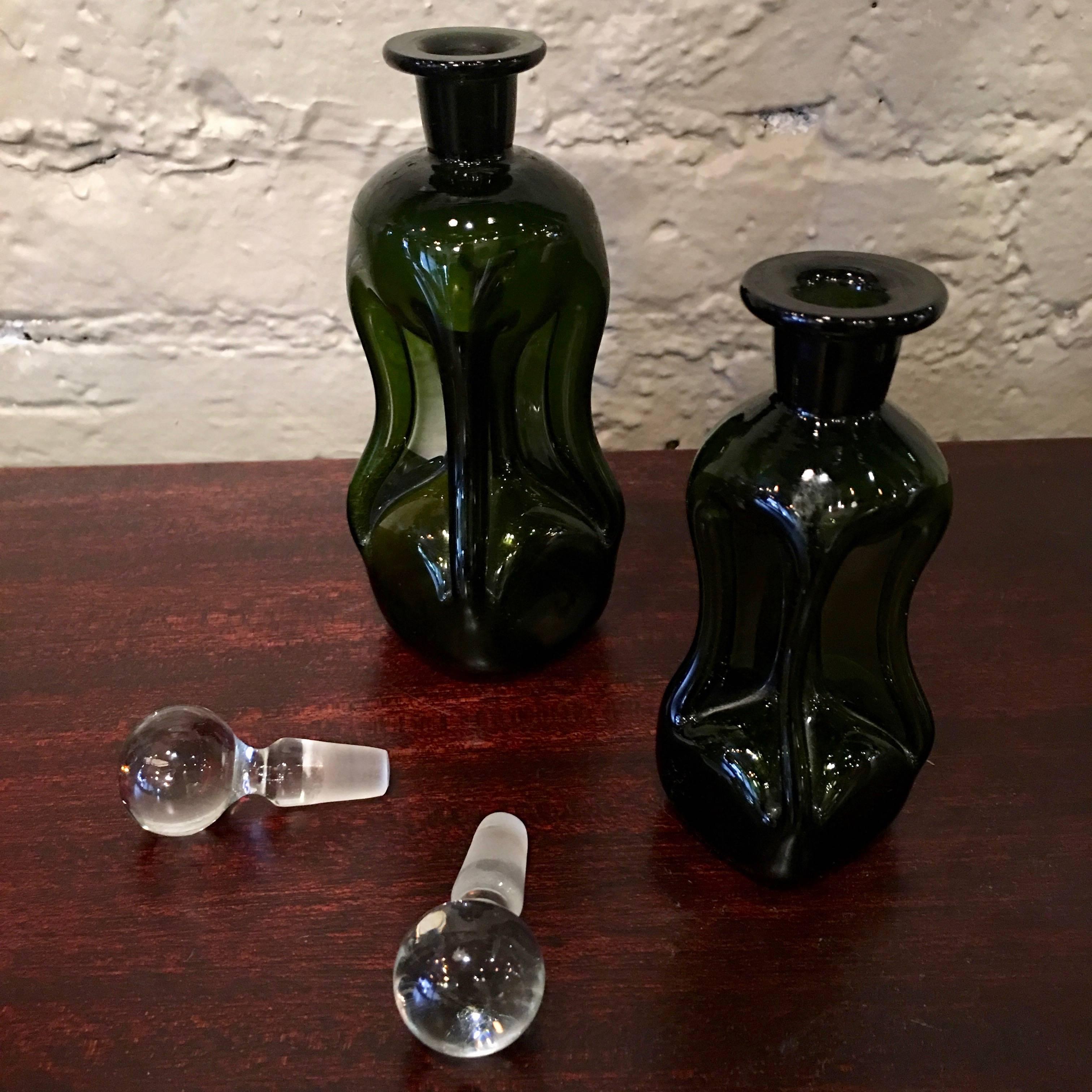 American Mid-Century Dimpled Green Glass Perfume Bottles
