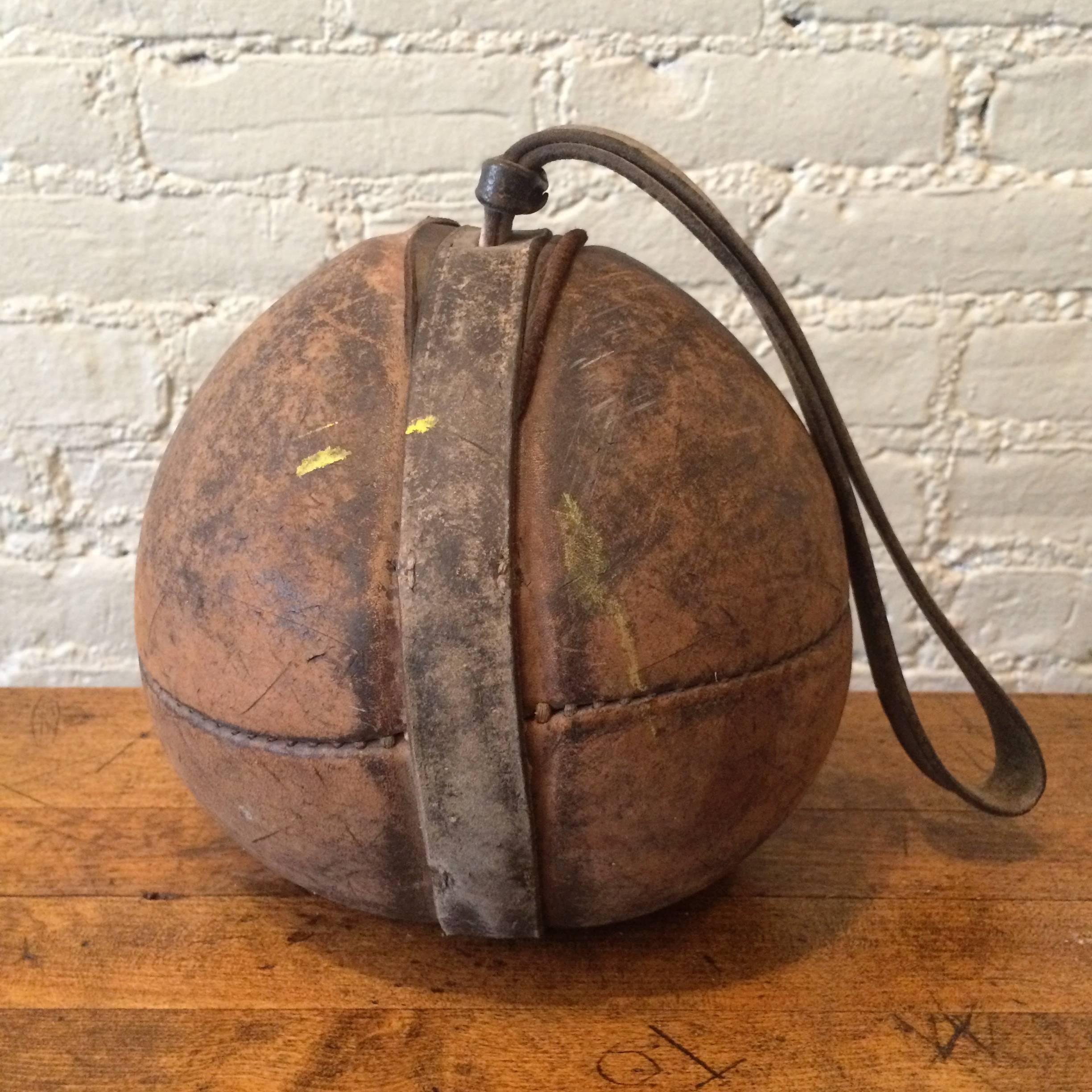 1930s, German, leather, gymnasium, medicine ball with strap.