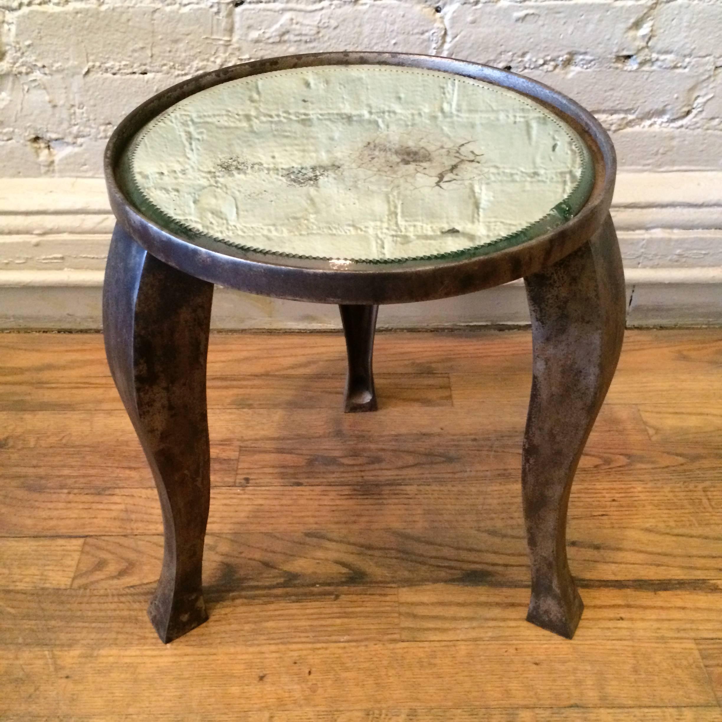 Brushed Early 20th Century Low Industrial Cast Iron and Mirror Side Table