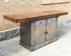 Custom Industrial Brushed Steel and Maple Island Console