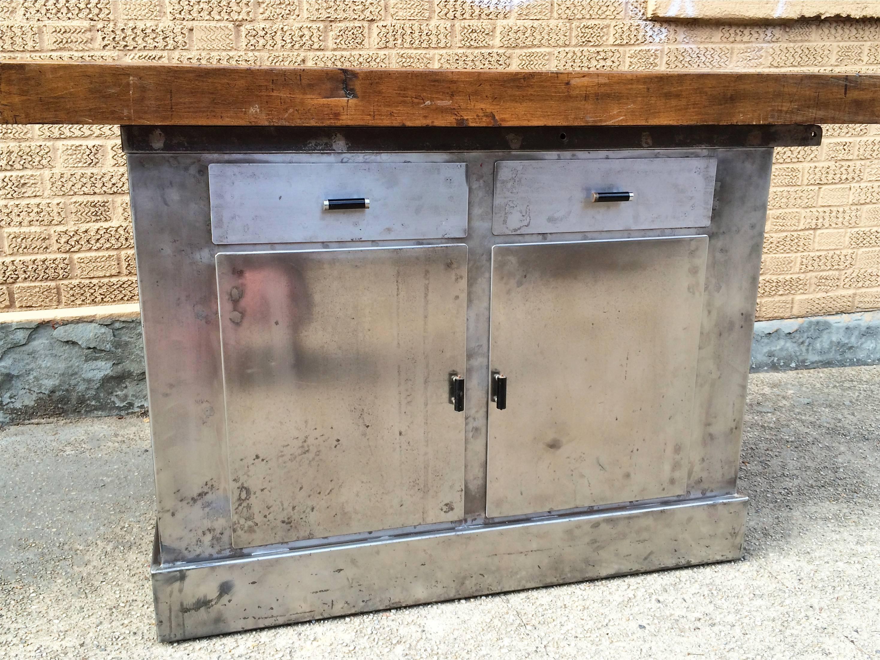 Custom Industrial Brushed Steel and Maple Island Console In Good Condition In Brooklyn, NY