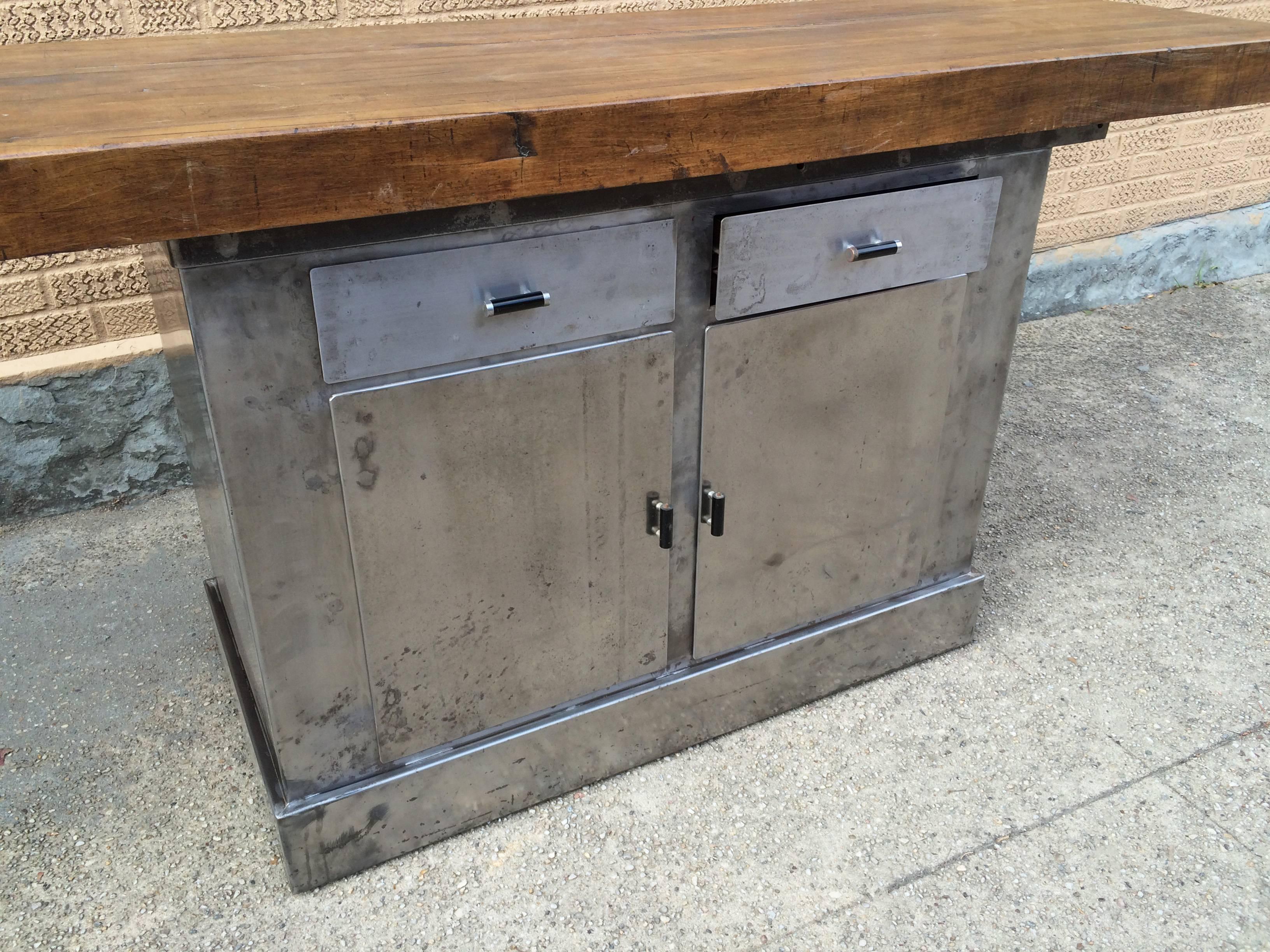 Custom Industrial Brushed Steel and Maple Island Console 1