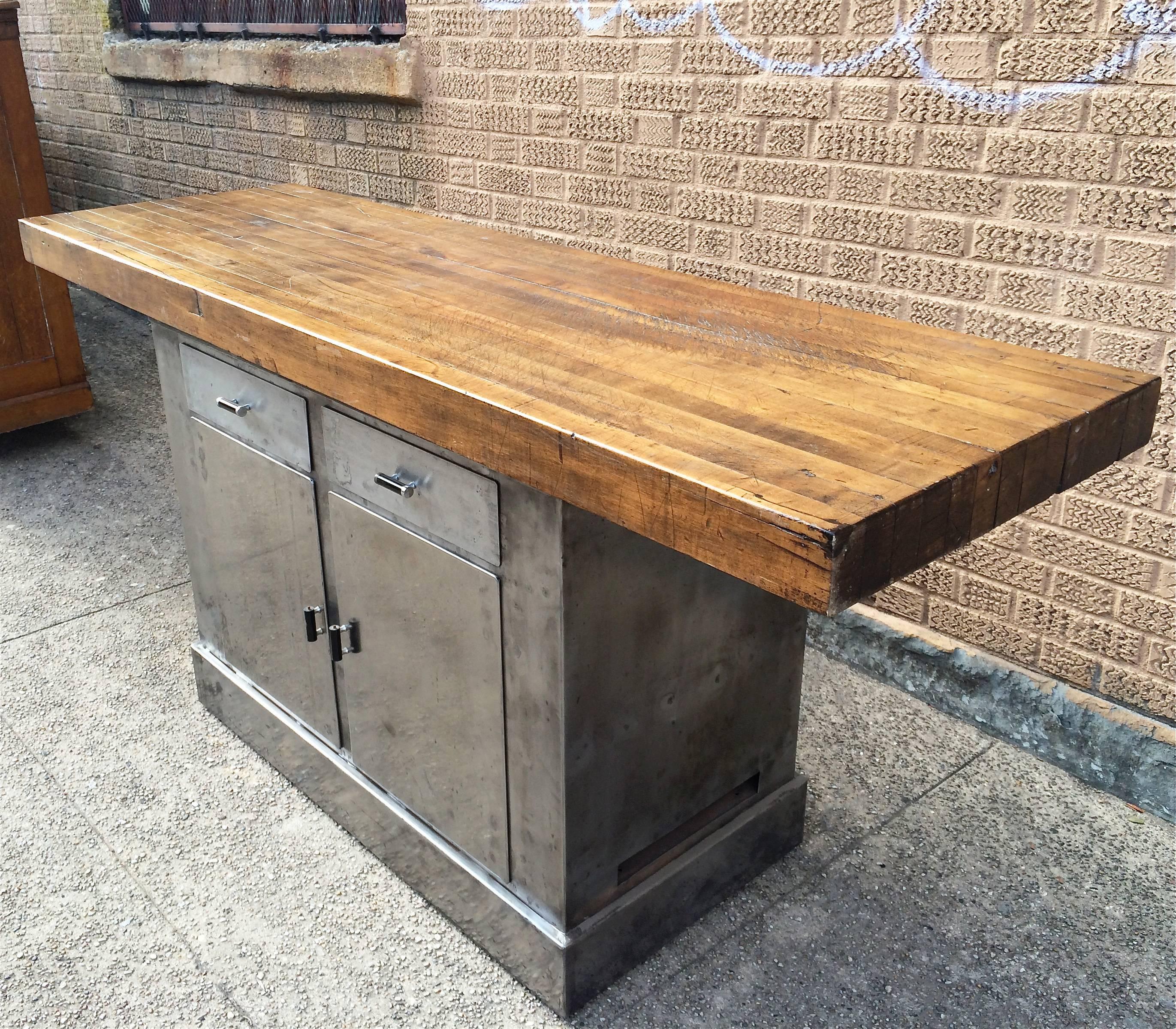 American Custom Industrial Brushed Steel and Maple Island Console
