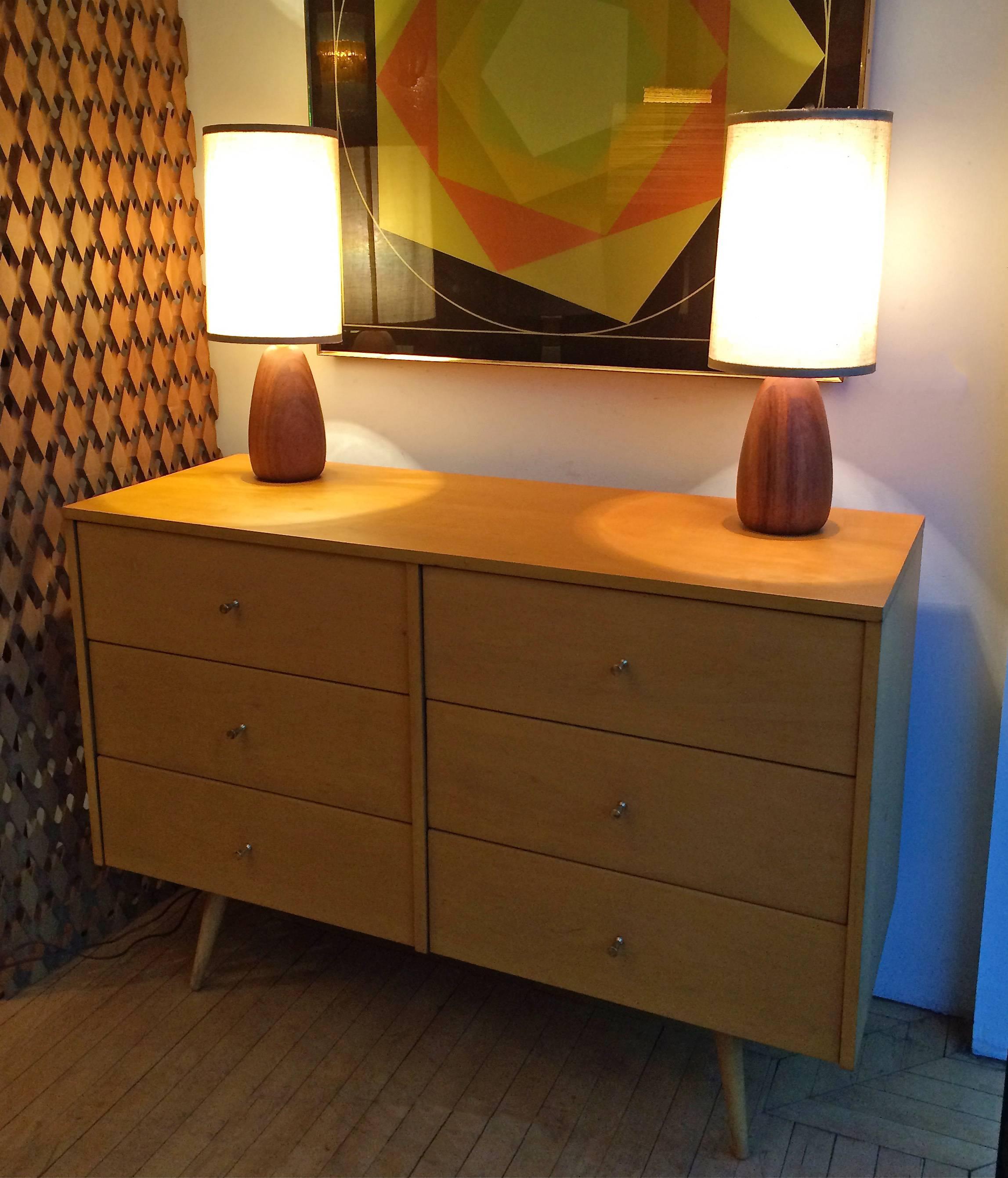 Pair of Petite Walnut Table Lamps with Grasscloth Shades In Good Condition In Brooklyn, NY