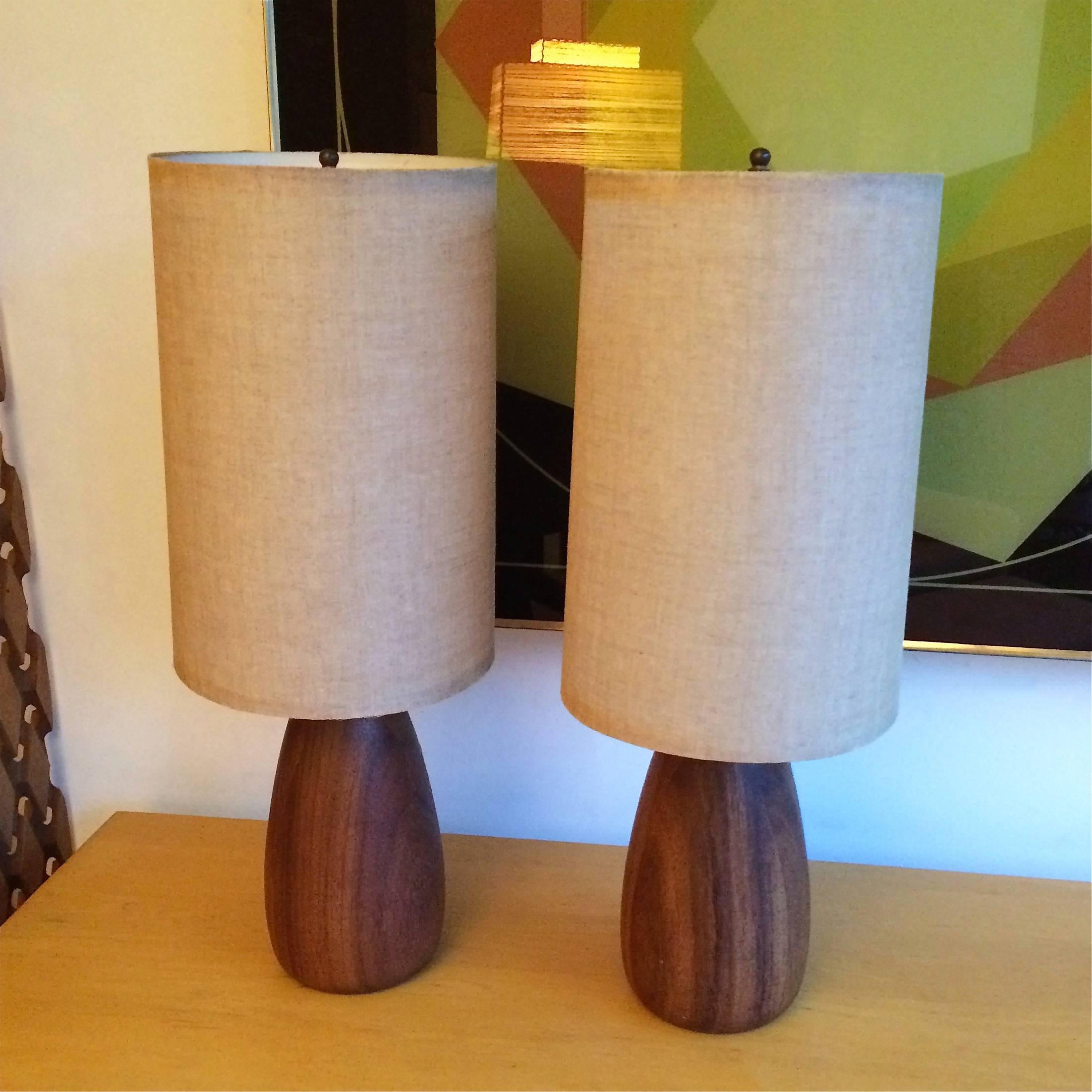 Mid-Century Modern Pair of Petite Walnut Table Lamps with Grasscloth Shades