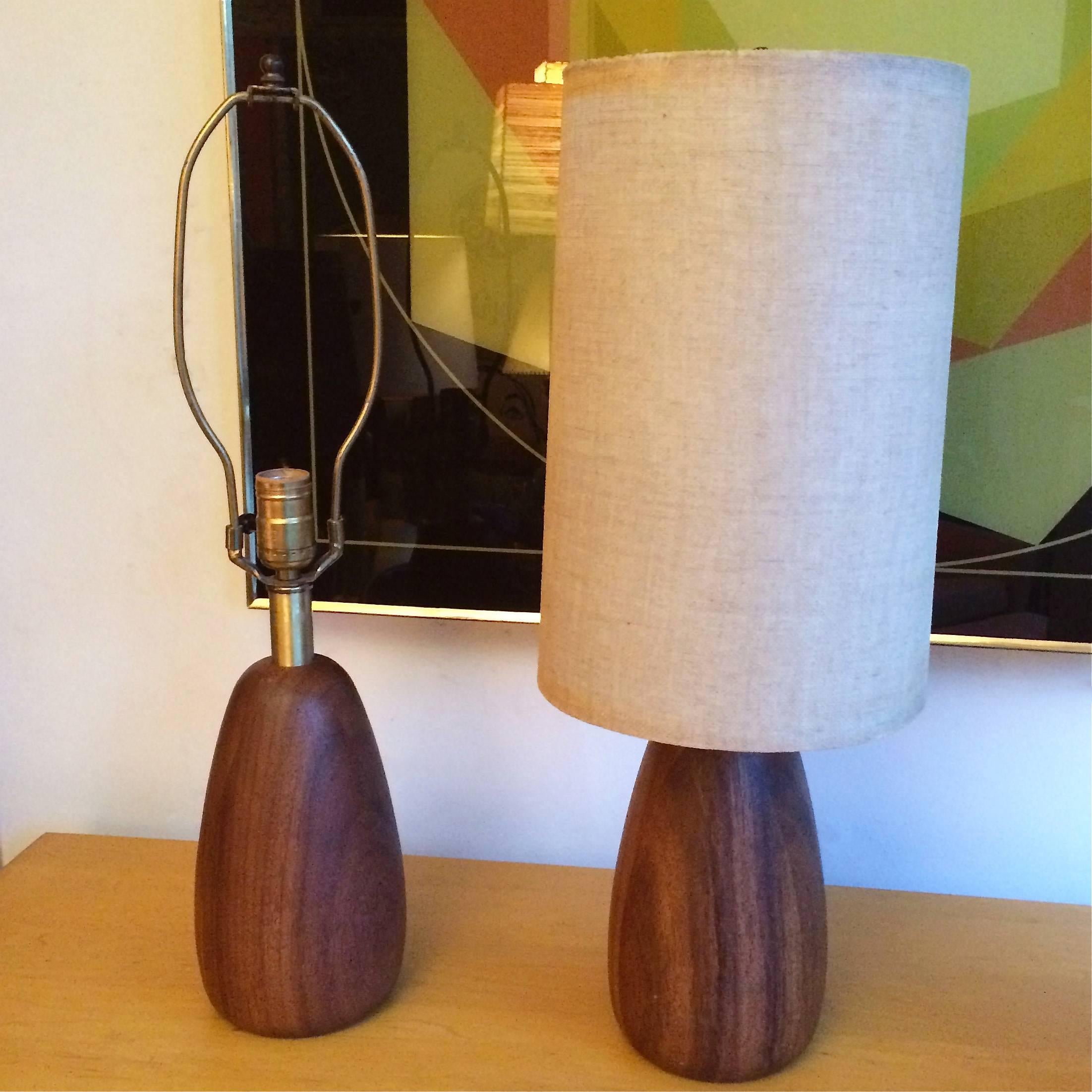 Brass Pair of Petite Walnut Table Lamps with Grasscloth Shades