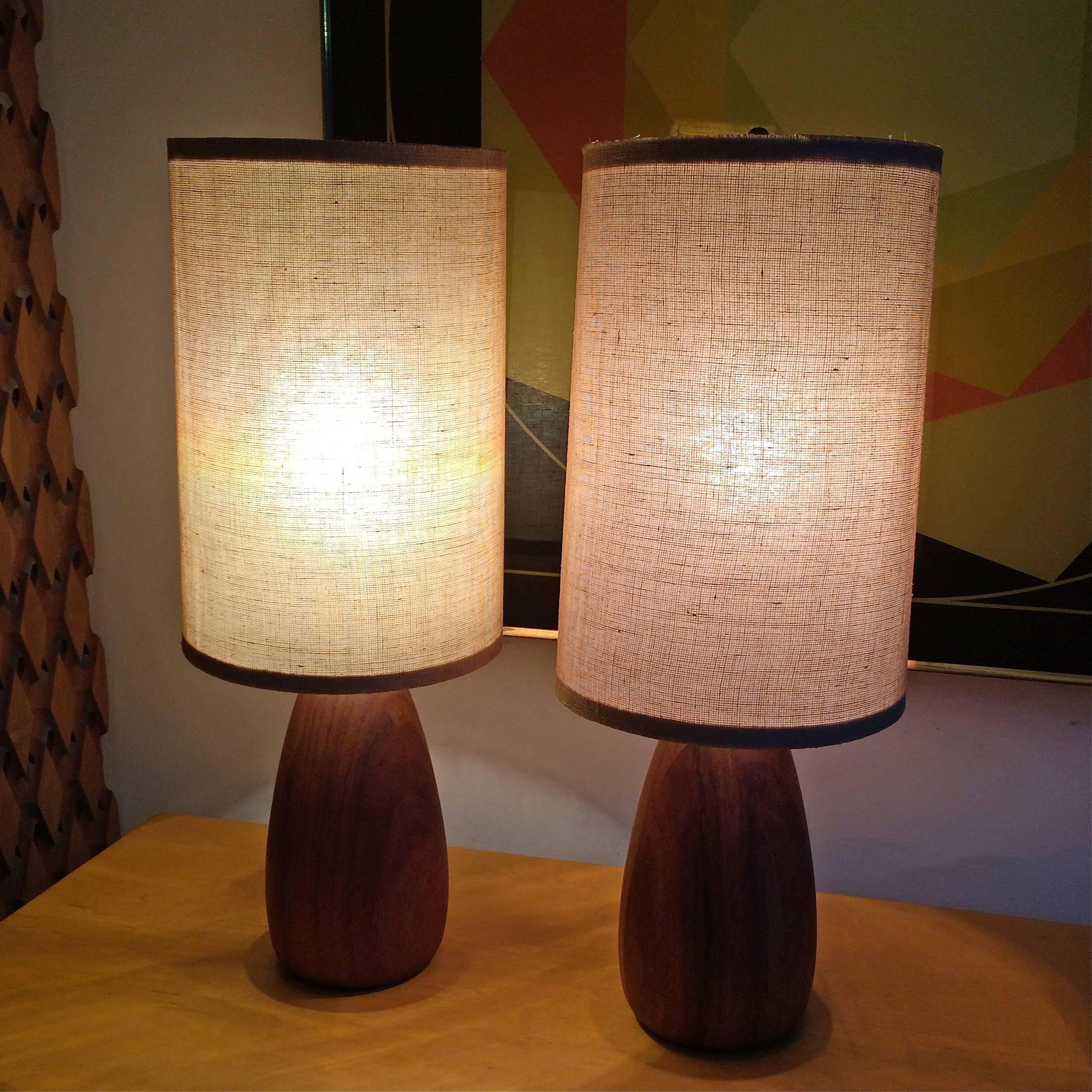 Mid-20th Century Pair of Petite Walnut Table Lamps with Grasscloth Shades
