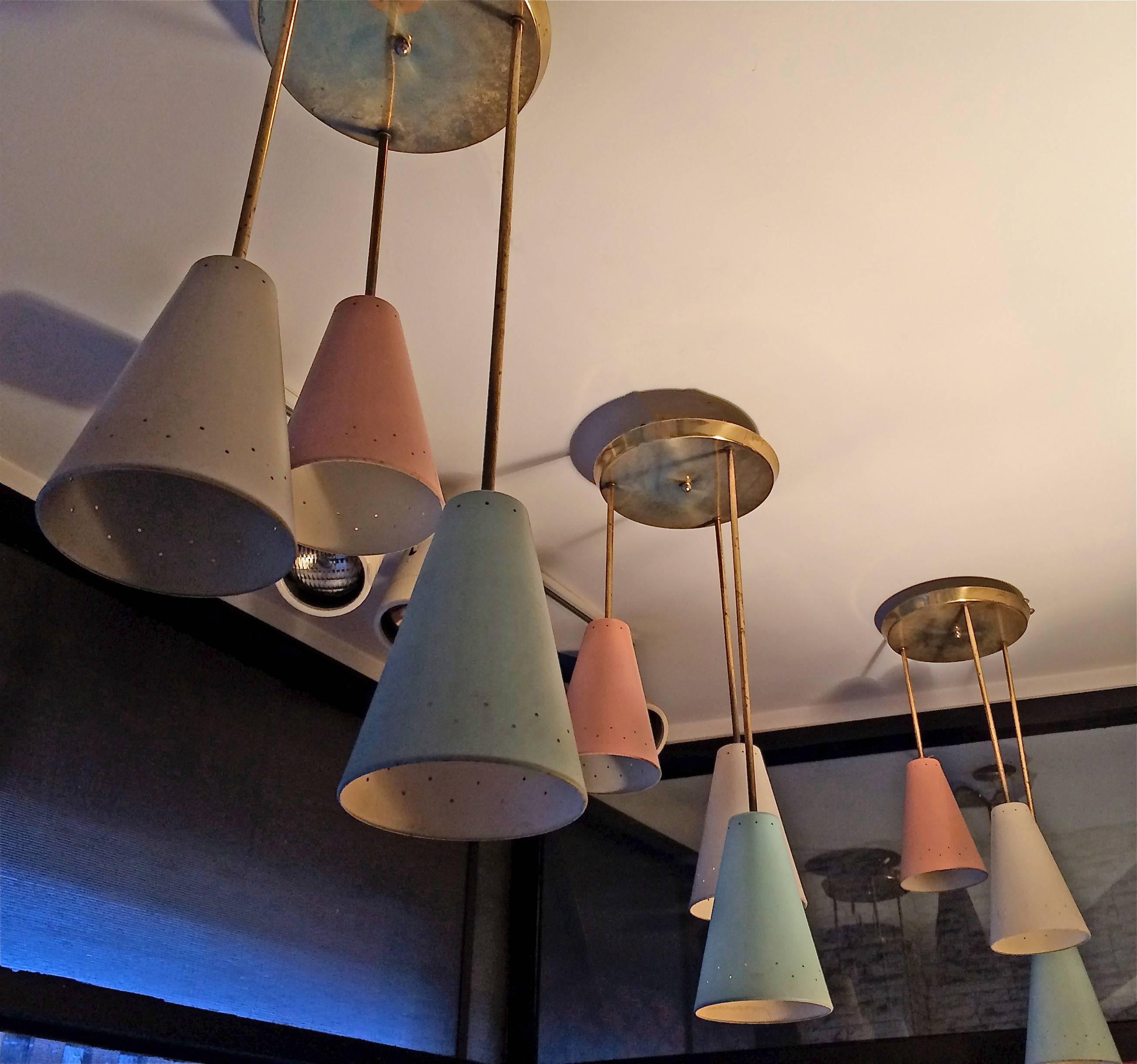 Painted Graduated Pastel Cone Cluster Pendants by Lightolier For Sale
