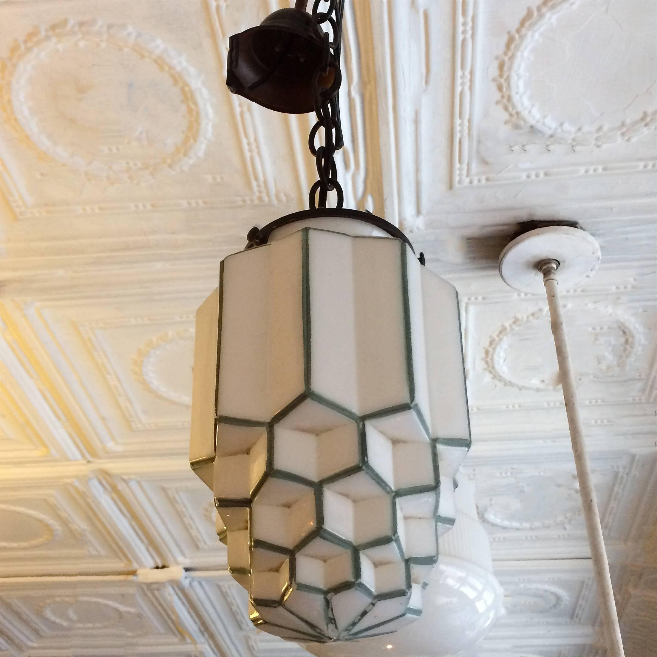 Mid-20th Century Art Deco Tiered Milk Glass Skyscraper Pendant Light