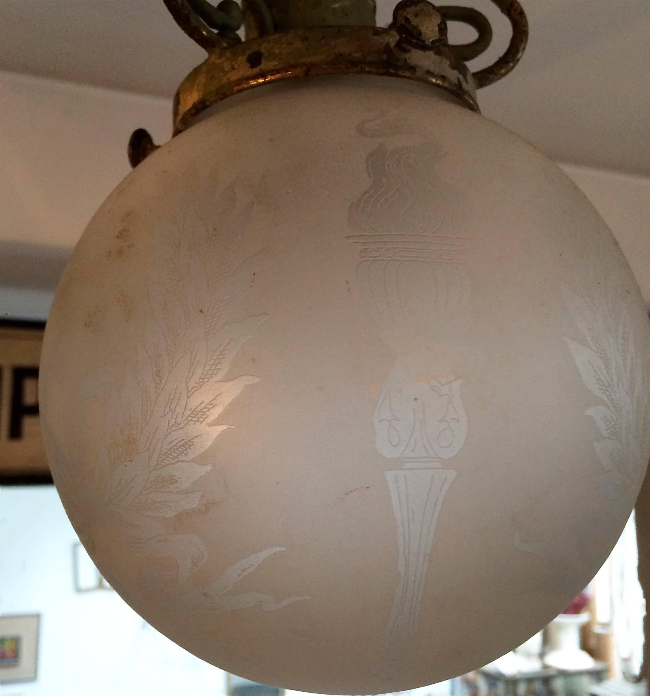 American Early 20th Century, Brass Globe Pendant Light