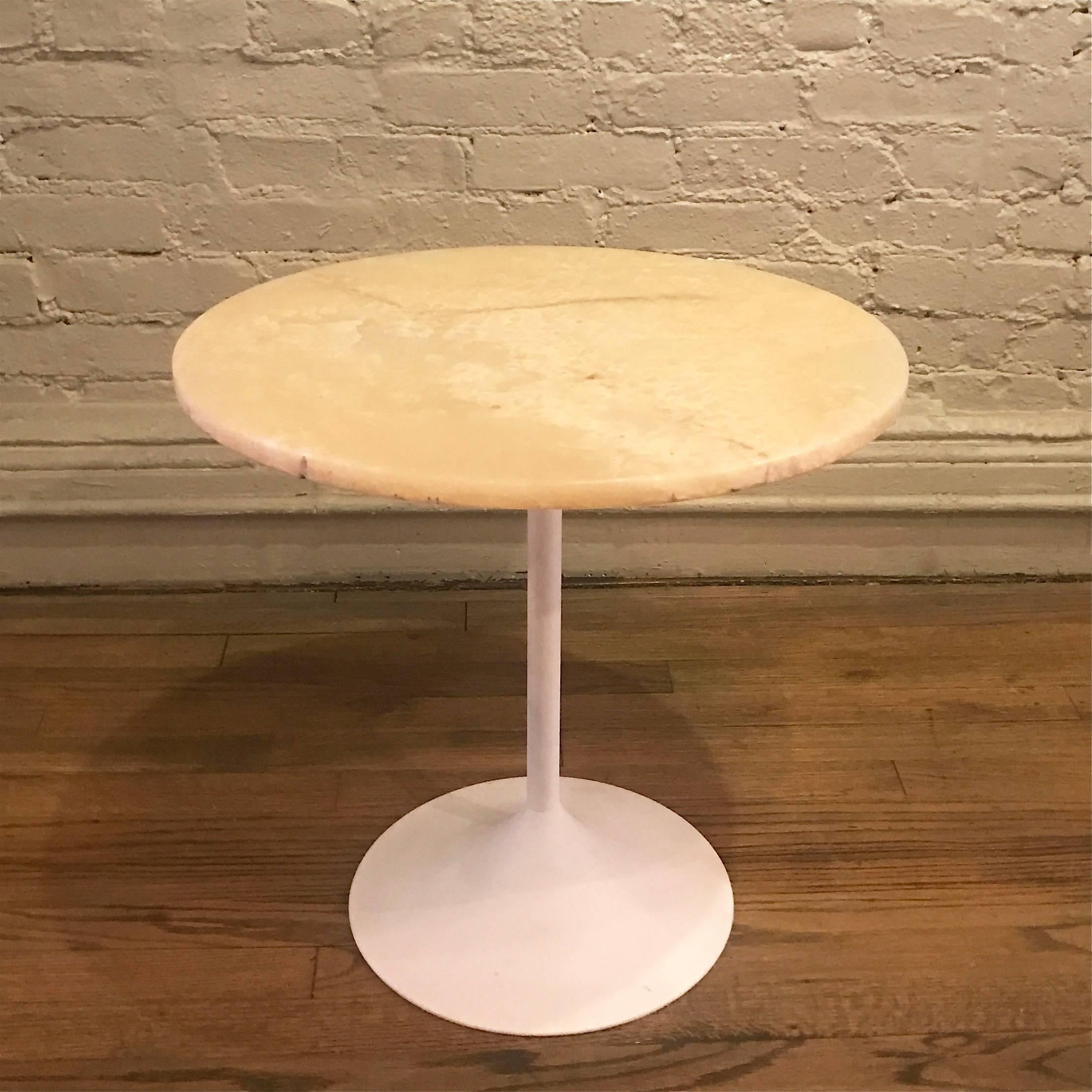 Mid-Century Modern, side table features a painted metal, tulip base with a beautifully grained, round marble-top.