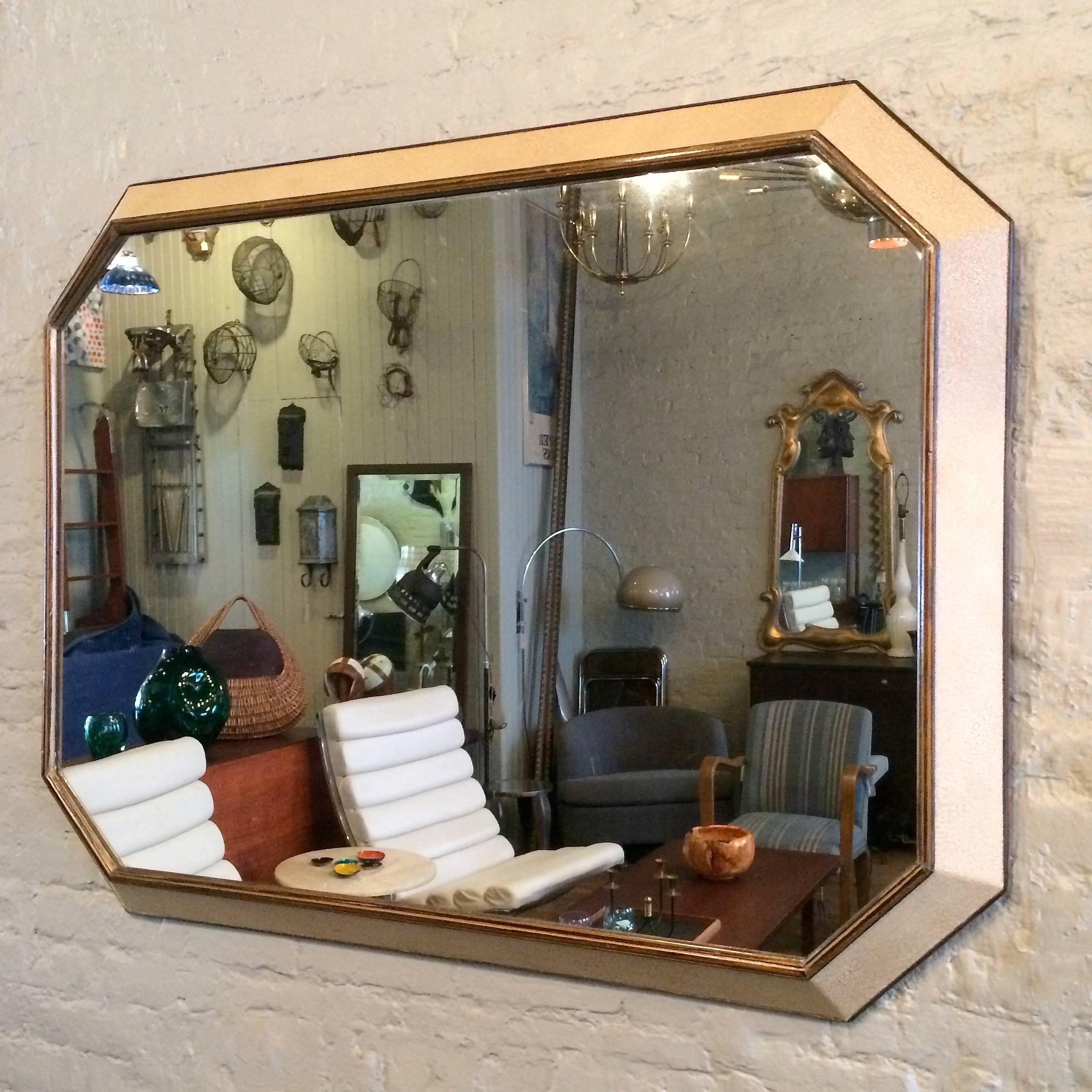 American Hollywood Regency Octagonal Leather Shagreen and Mahogany Mirror