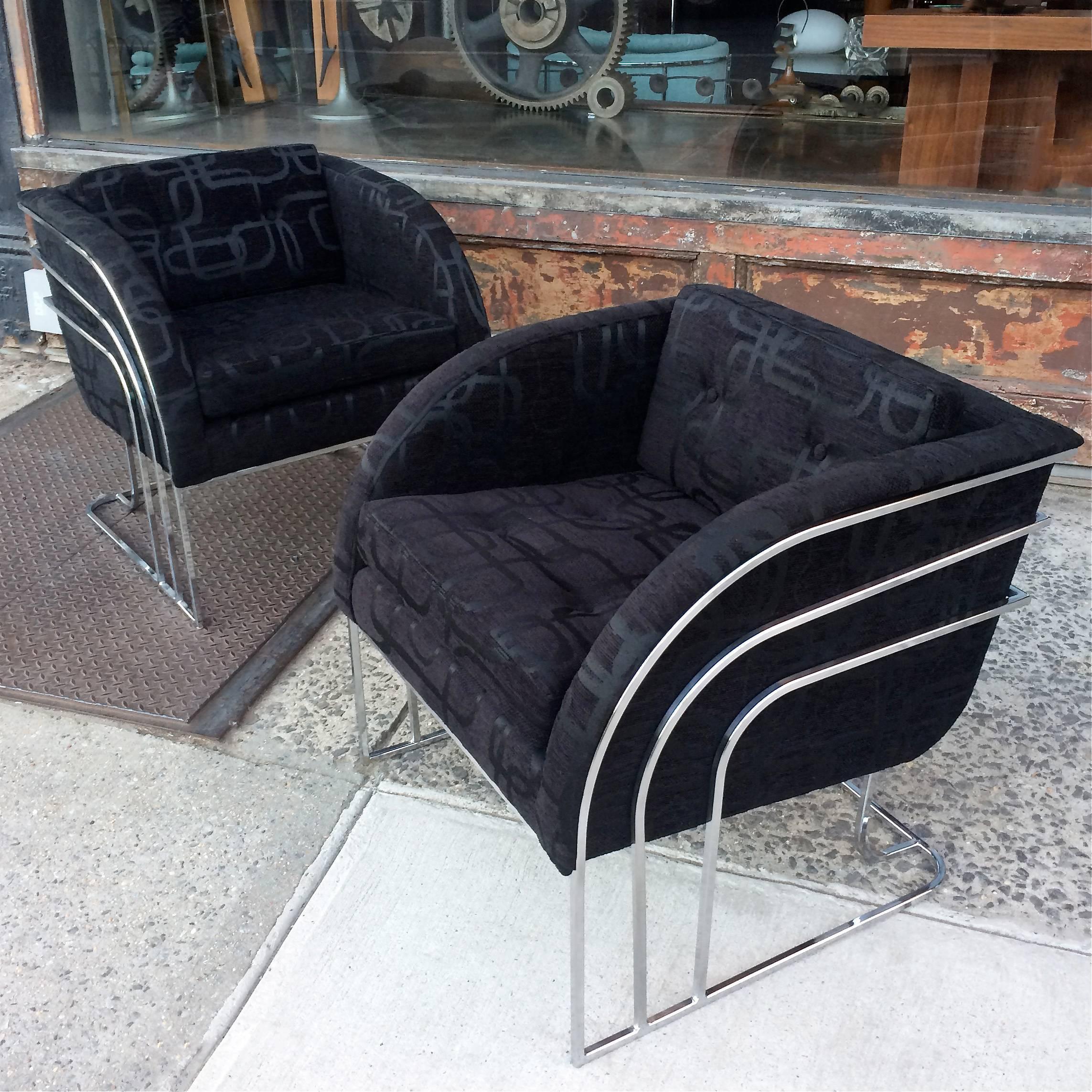 Pair of chrome frame lounge chairs by Milo Baughman for Thayer Coggin are newly upholstered in striking black jacquard.