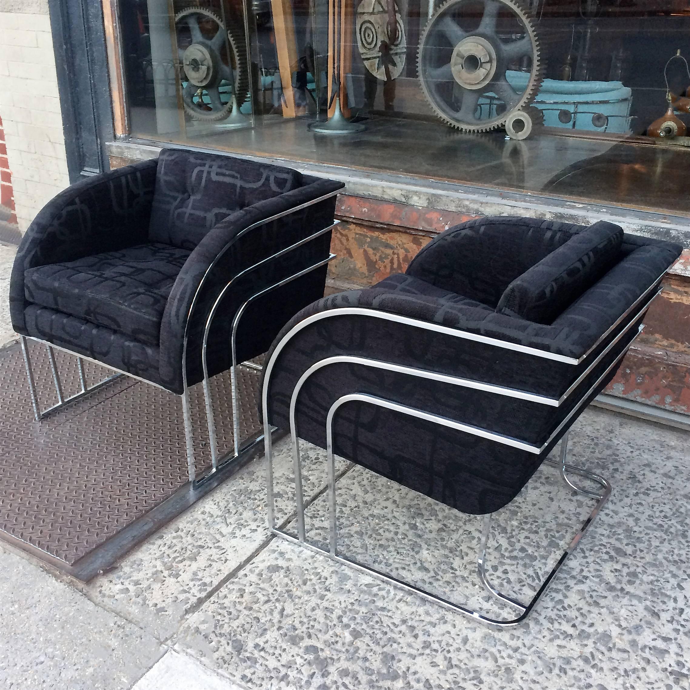 Jacquard Pair of Chrome Lounge Chairs by Milo Baughman for Thayer Coggin