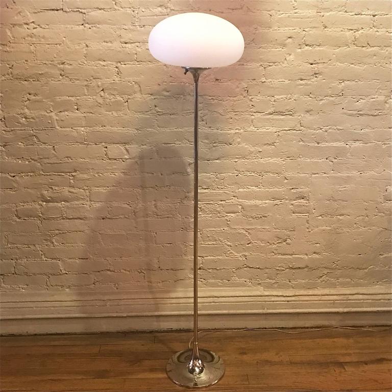 Mid-Century Modern, chrome, tulip stem, floor lamp with mushroom, frosted glass shade by Laurel Lamp Company.