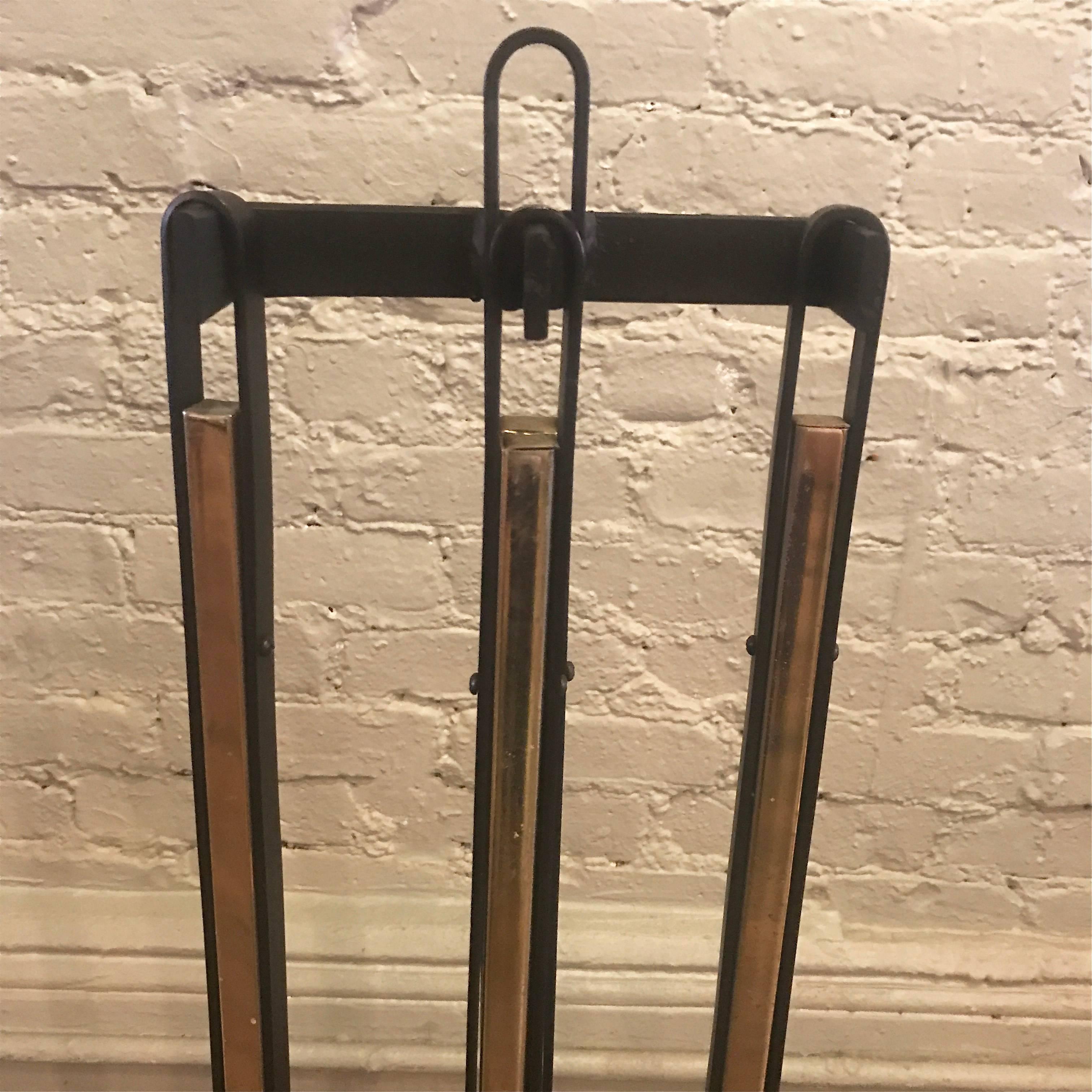 American Wrought Iron and Brass Mid-Century Modern Fireplace Tools For Sale