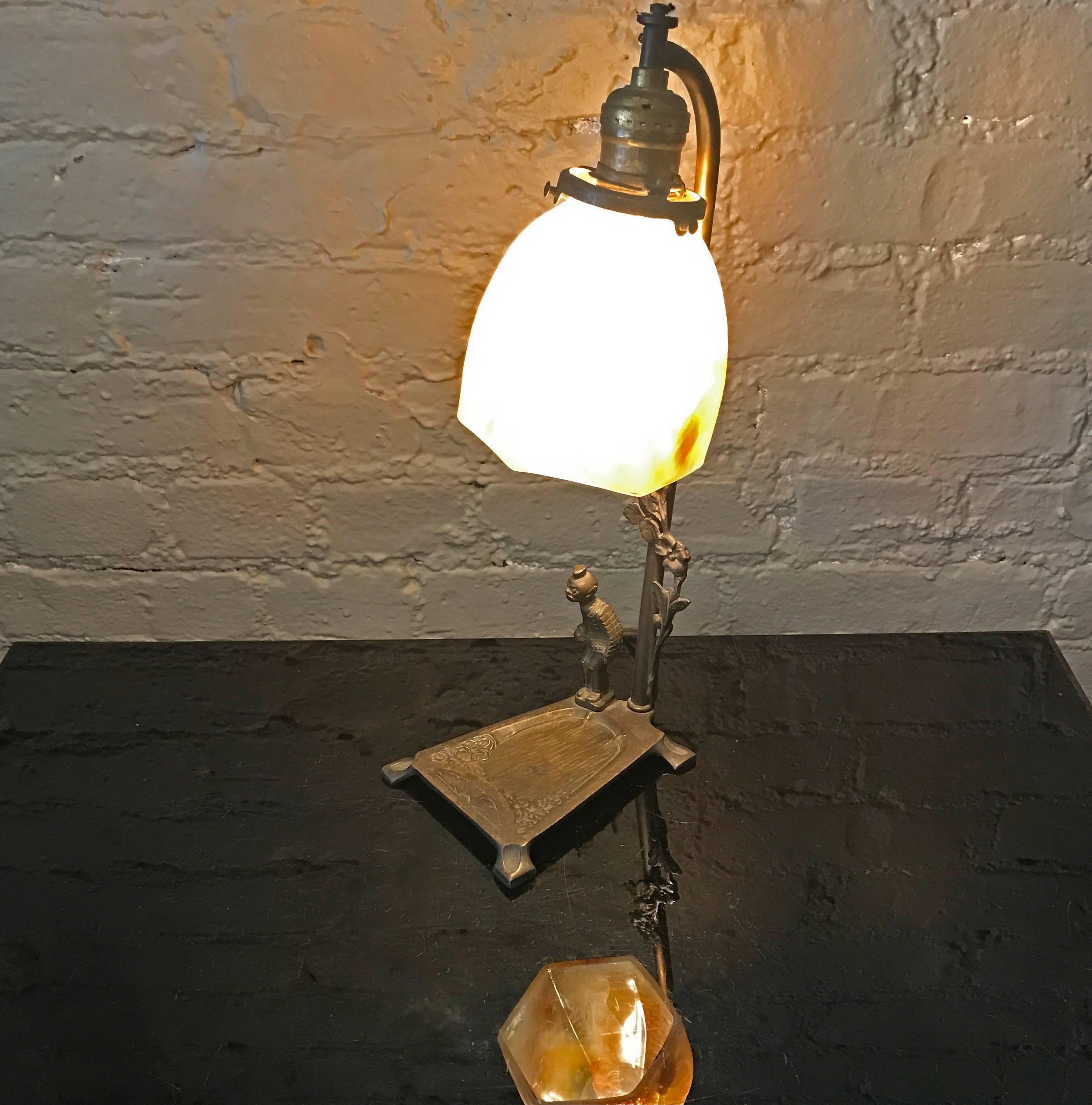 Mid-20th Century Art Deco Brass and Stain Glass Table Lamp