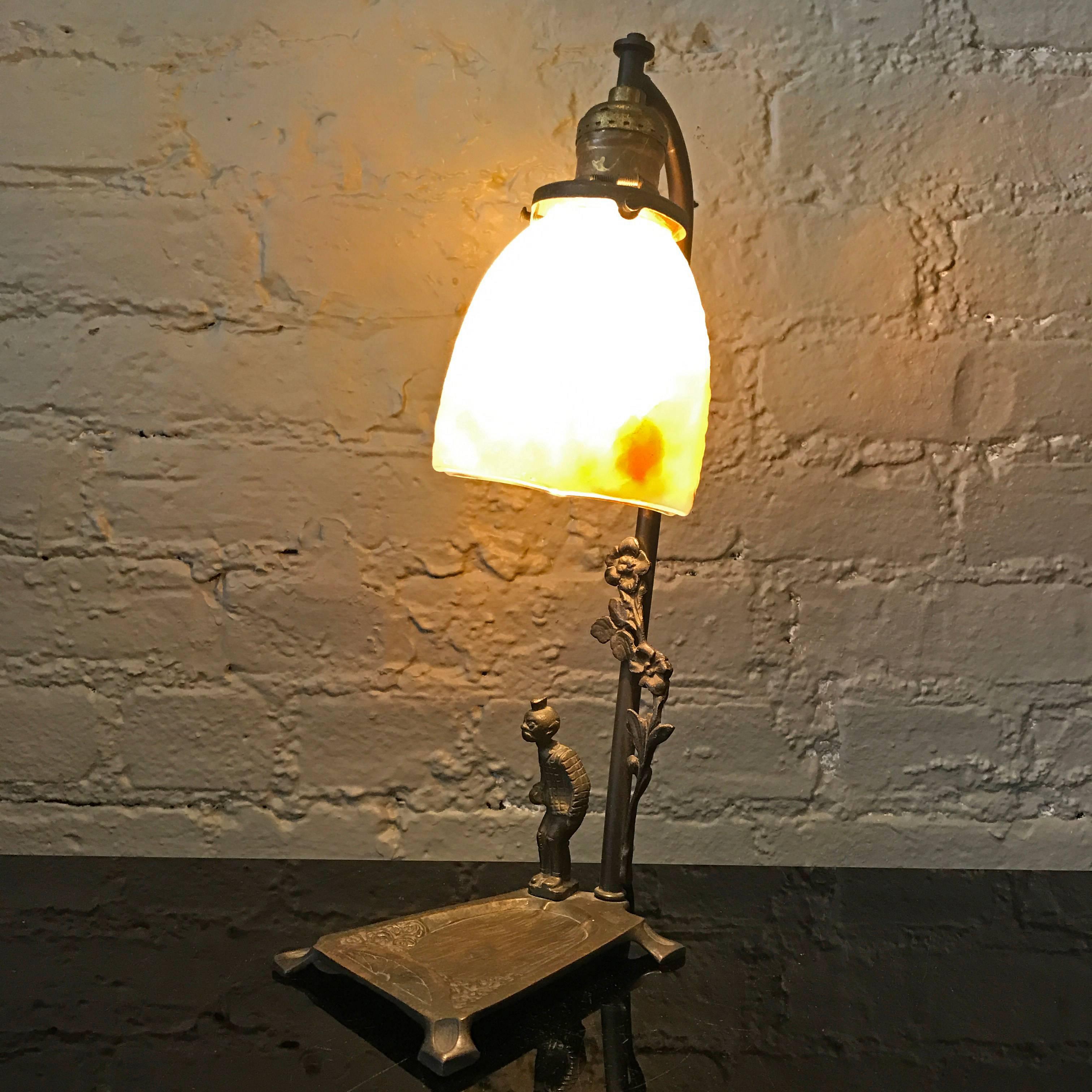American Art Deco Brass and Stain Glass Table Lamp
