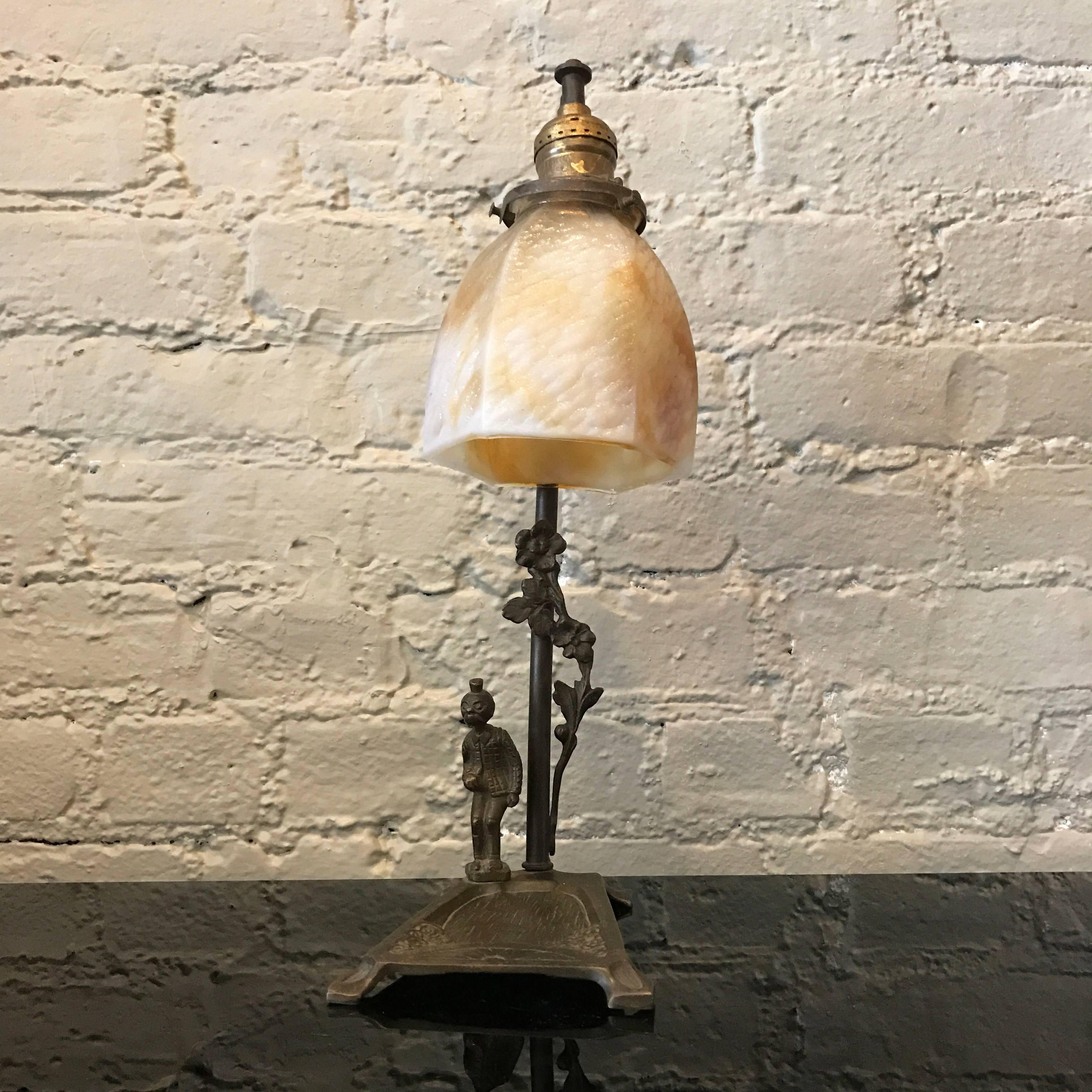 Stained Art Deco Brass and Stain Glass Table Lamp