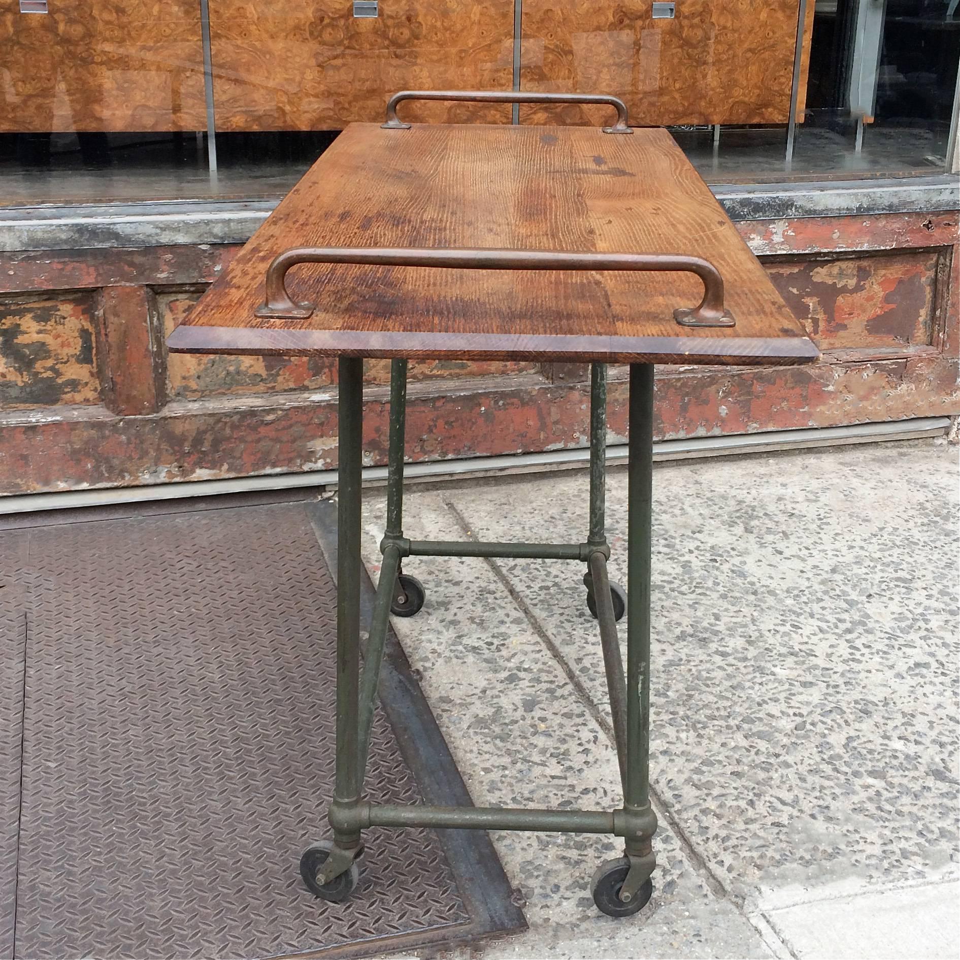 Custom Oak and Steel Industrial Rolling Console Work Table In Good Condition In Brooklyn, NY