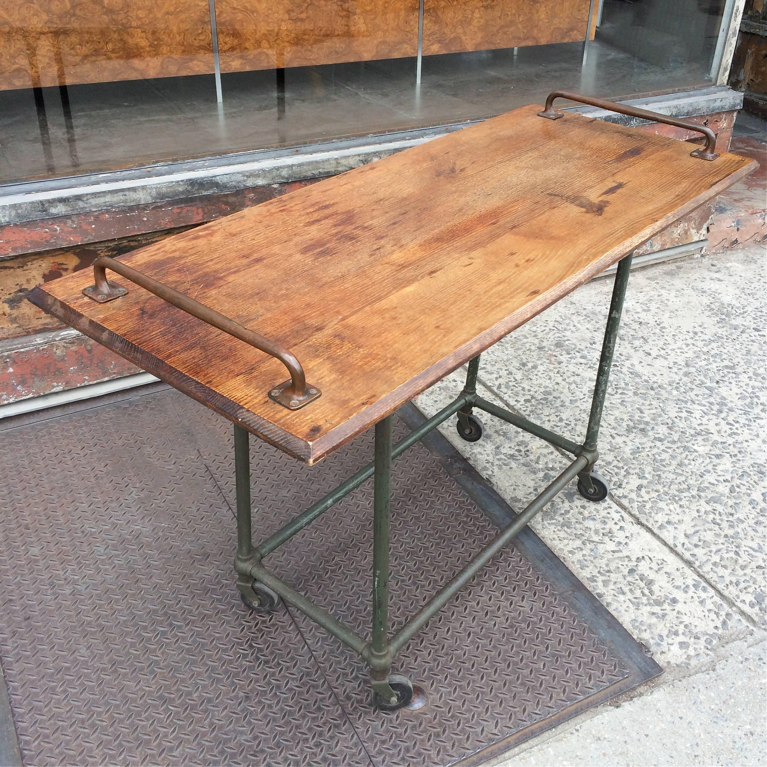 American Custom Oak and Steel Industrial Rolling Console Work Table