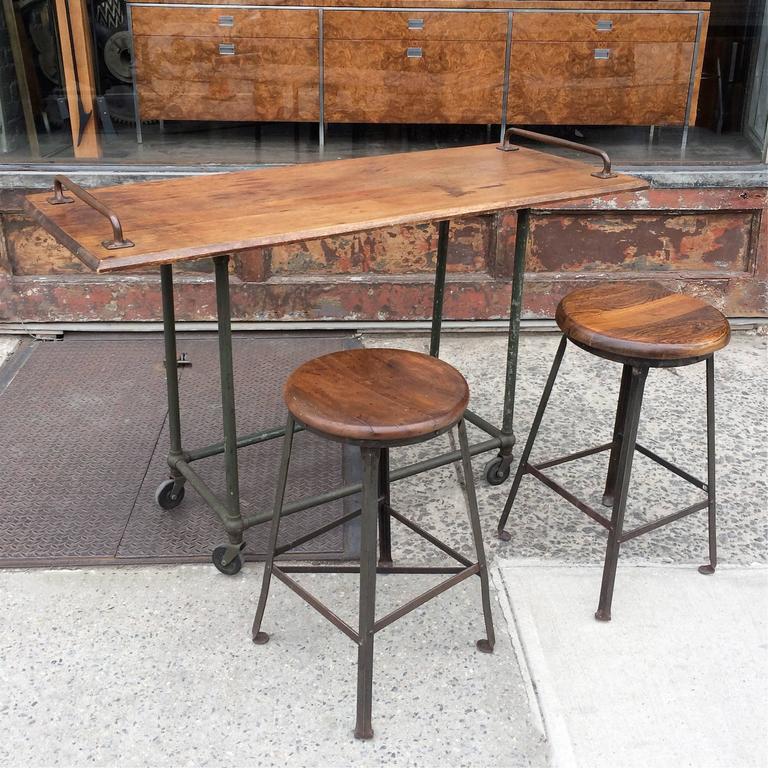 Custom Oak and Steel Industrial Rolling Console Work Table at 1stDibs