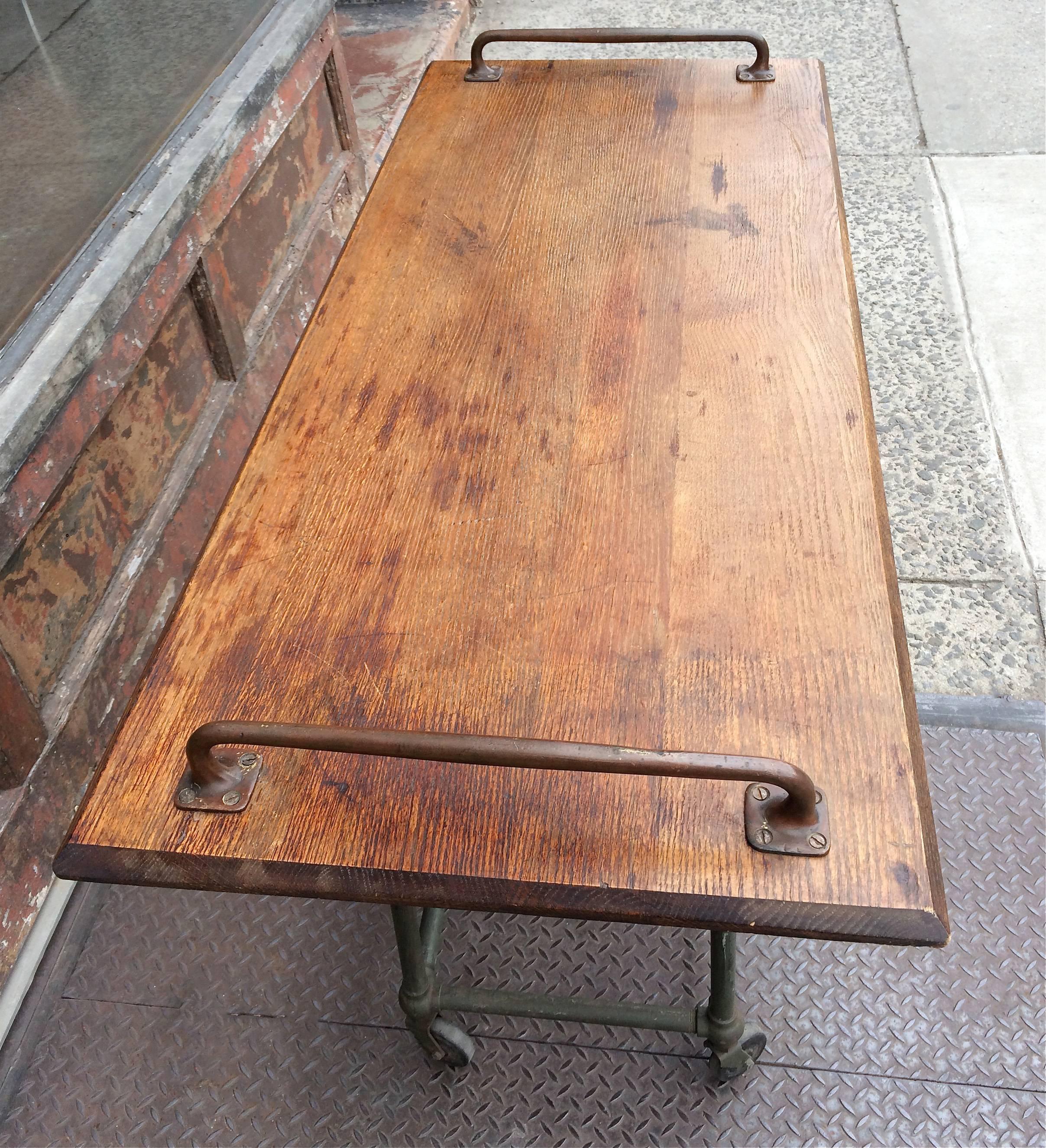Painted Custom Oak and Steel Industrial Rolling Console Work Table