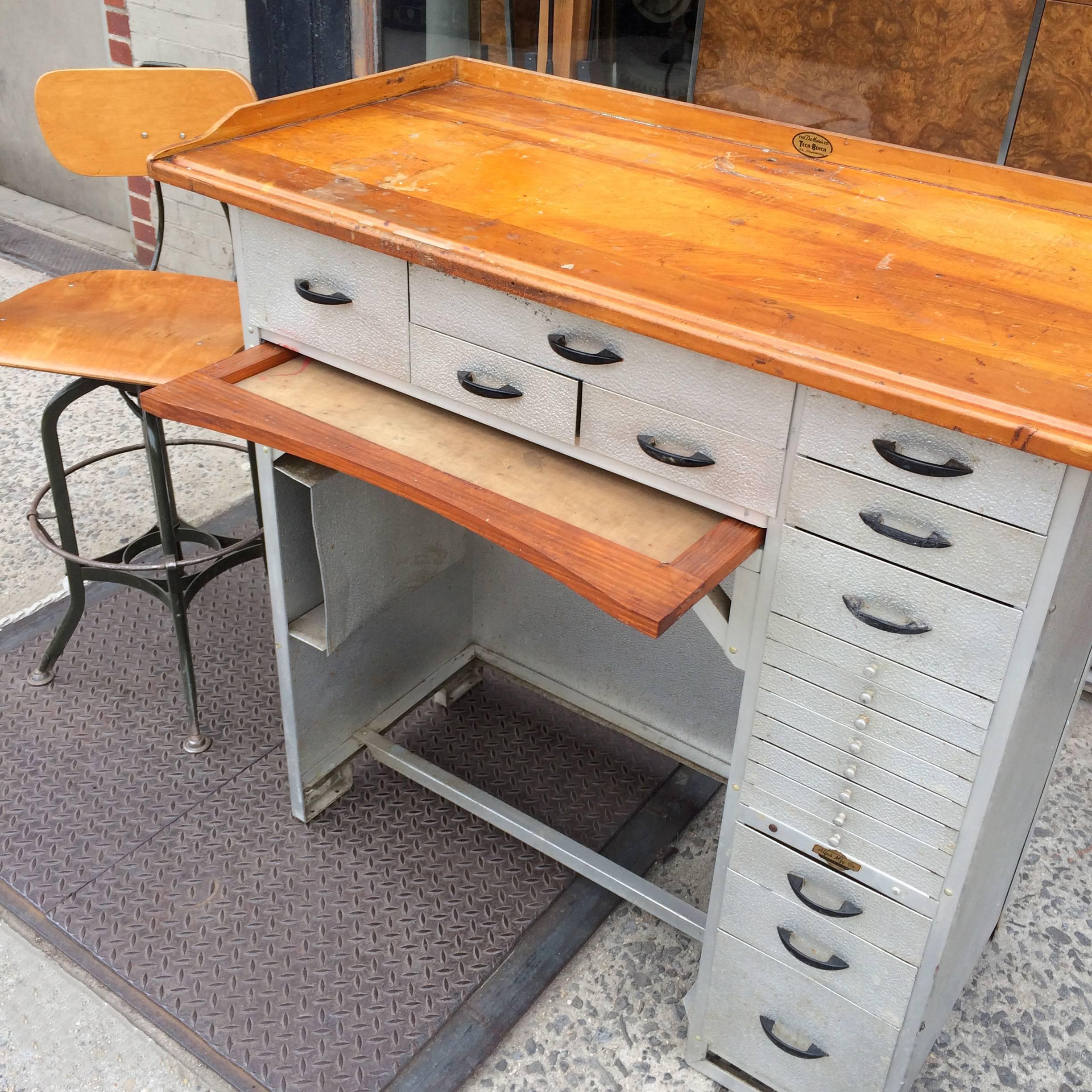 American Industrial Stamped Aluminum and Maple Watchmaker's Desk