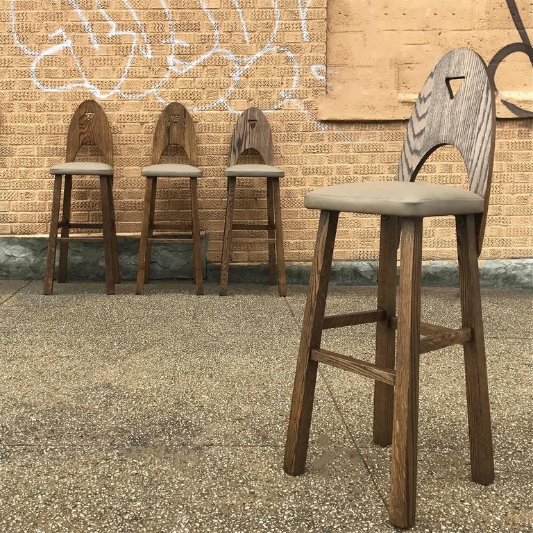 Arts and Crafts Oak and Leather Barstool Set at 1stDibs