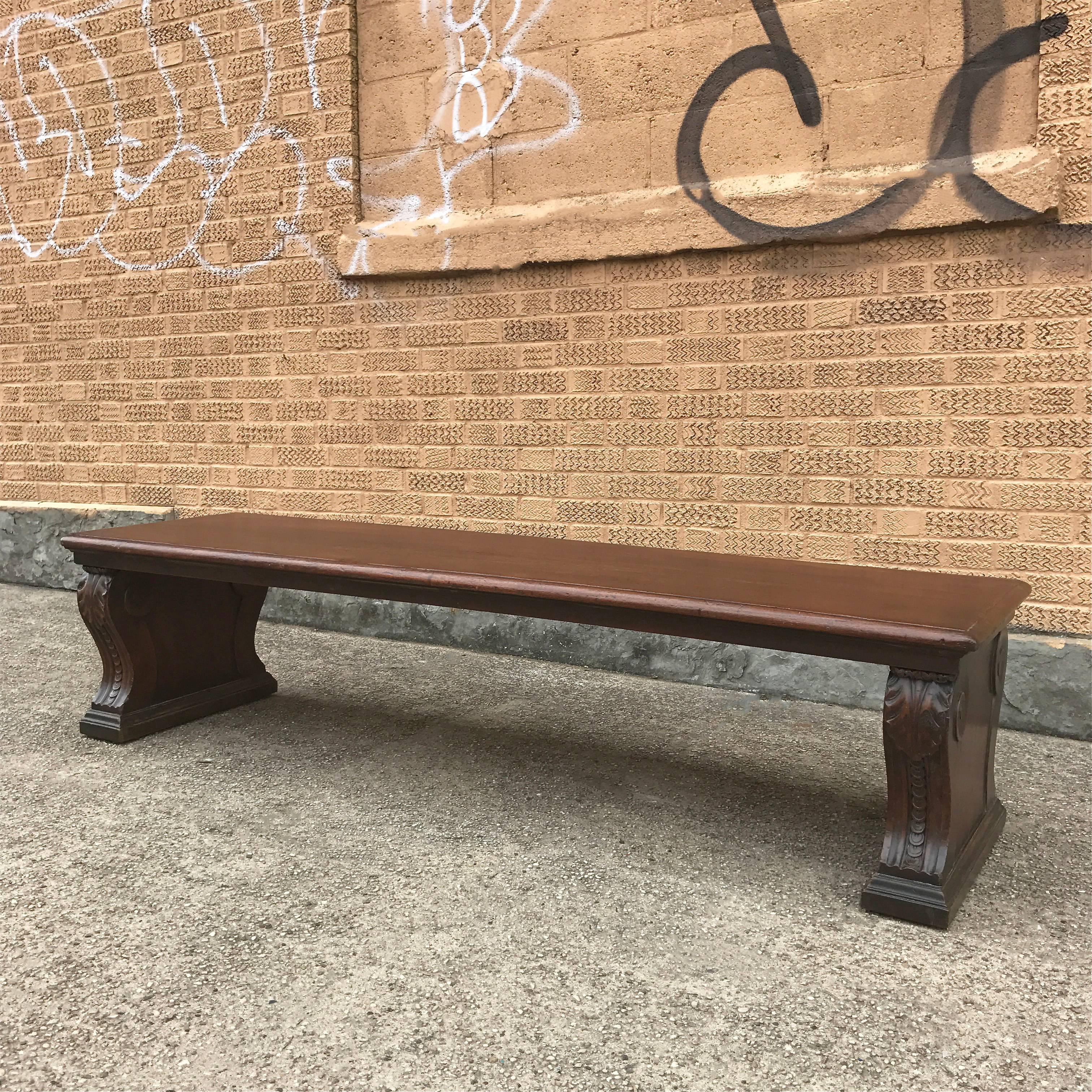 Stately, early 20th century, antique, carved mahogany, 6 ft, municipal bank, library, courthouse bench is originally from in a Brooklyn NY bank.
