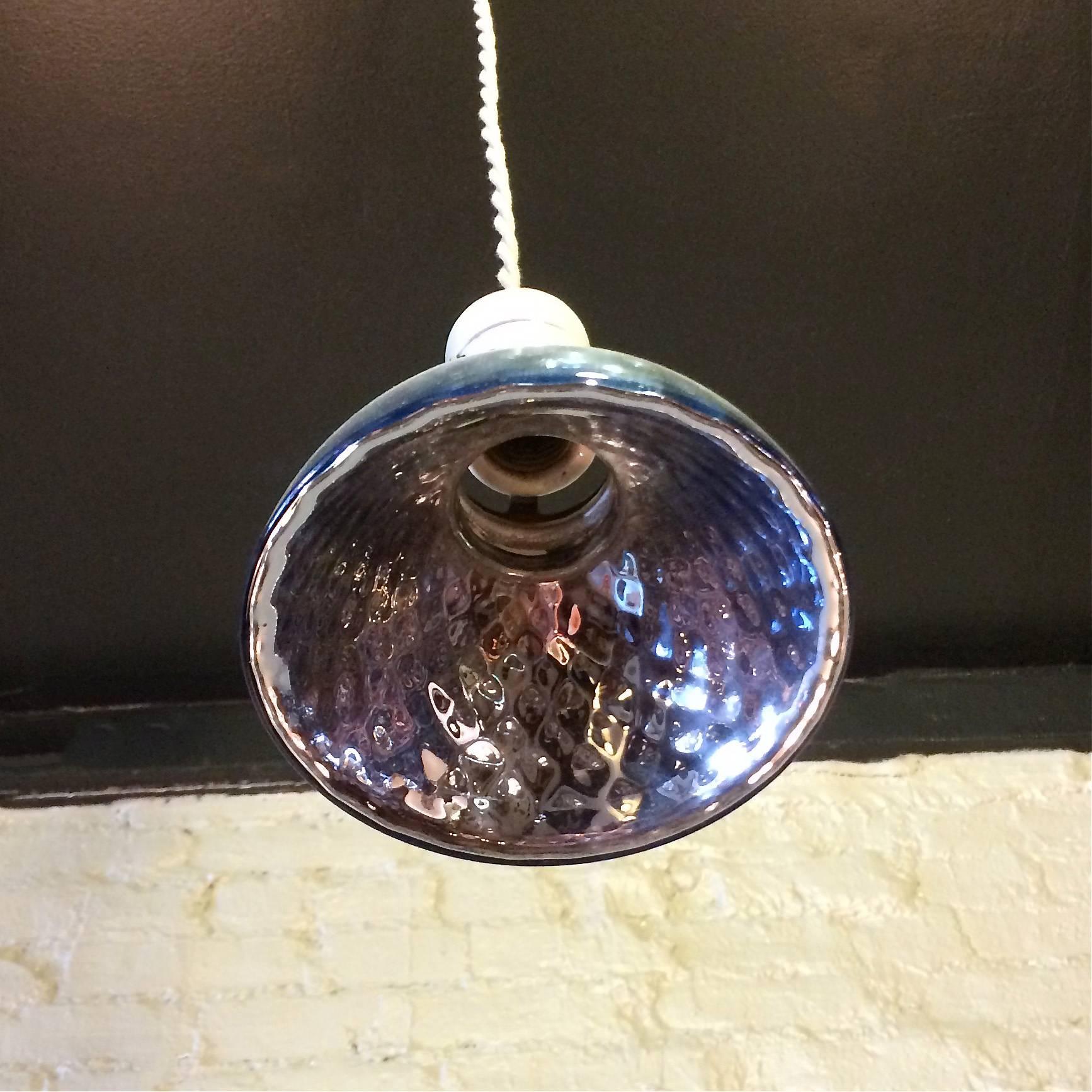 Brass Pair of Light Blue Quilted Mercury Glass Bell Pendant Lights