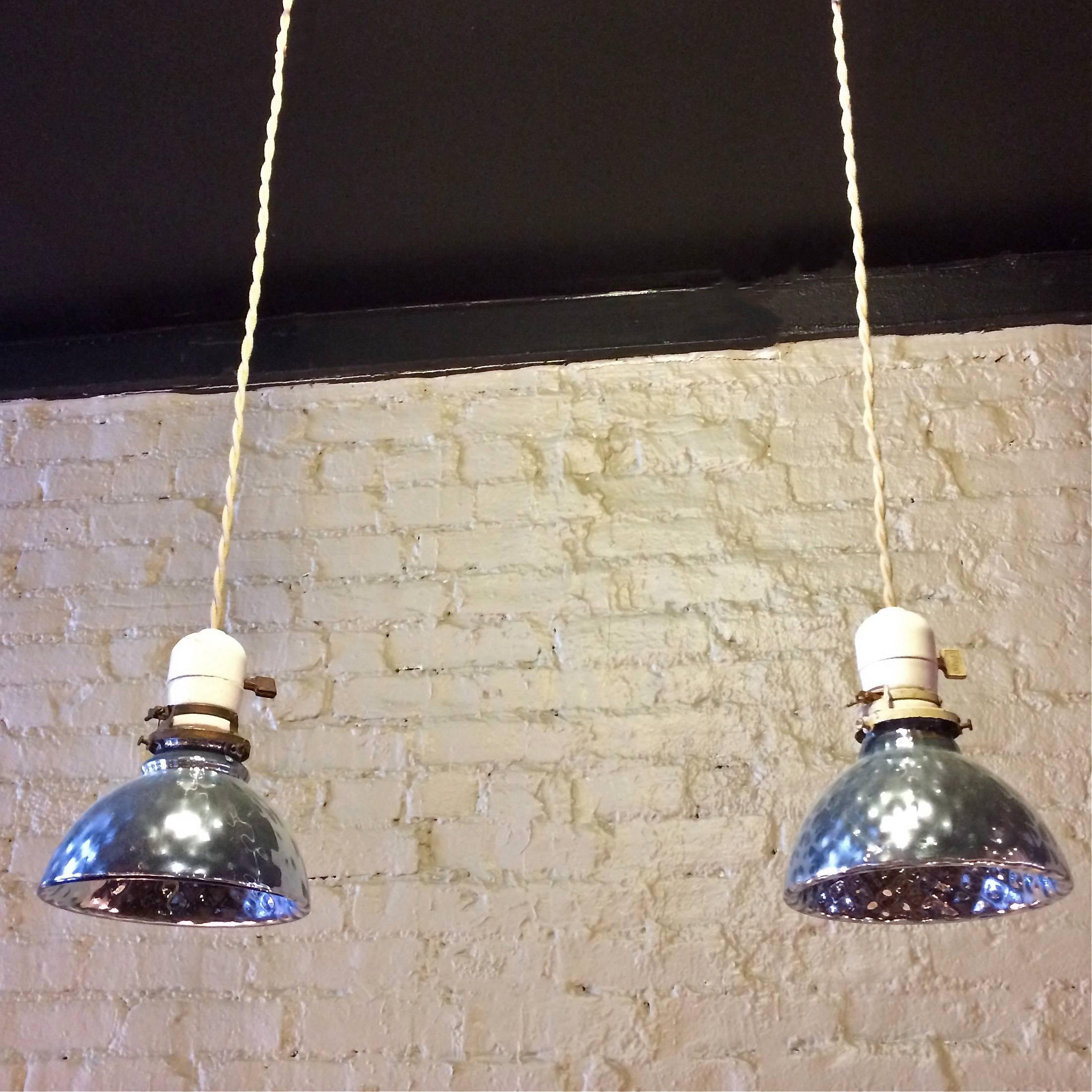 Industrial Pair of Light Blue Quilted Mercury Glass Bell Pendant Lights