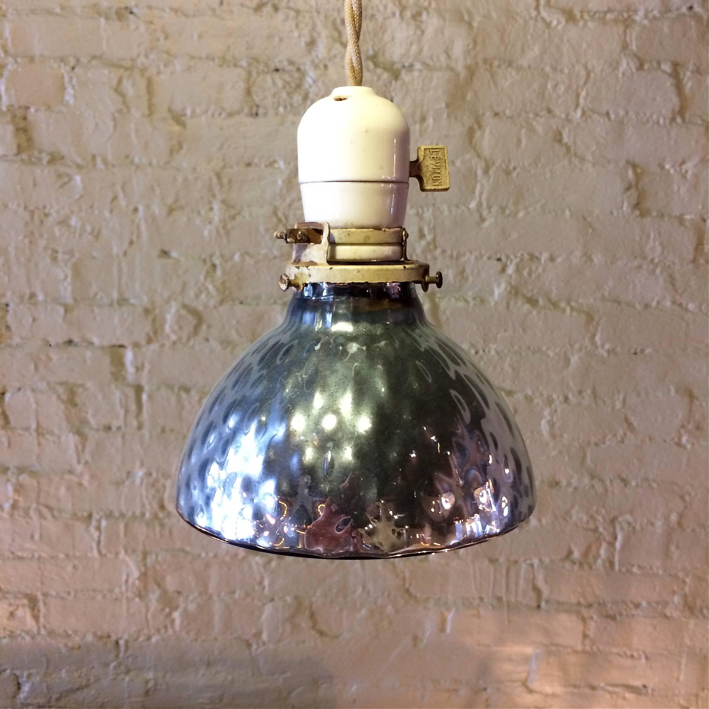 Pair of Light Blue Quilted Mercury Glass Bell Pendant Lights In Excellent Condition In Brooklyn, NY