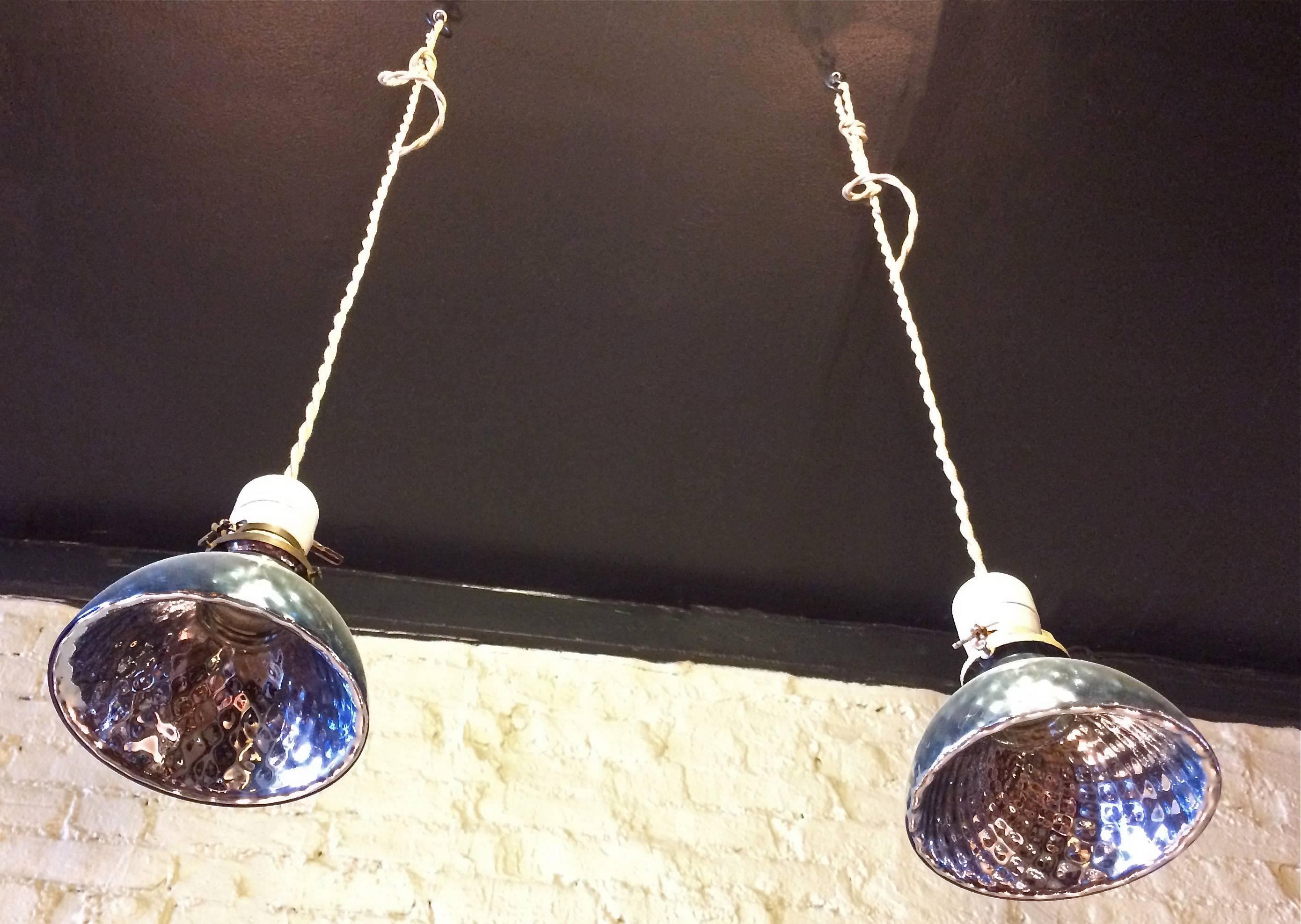 Mid-20th Century Pair of Light Blue Quilted Mercury Glass Bell Pendant Lights